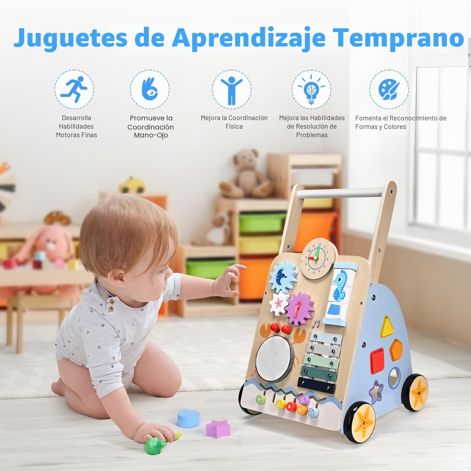 Carrito de Paseo para Bebé, 8 en 1 Juego de Motricidad para Bebé, Andador para Bebé Niño y Niña, Desarrollo cognitivo, Diseño natural y cómodo, Desde 18 meses