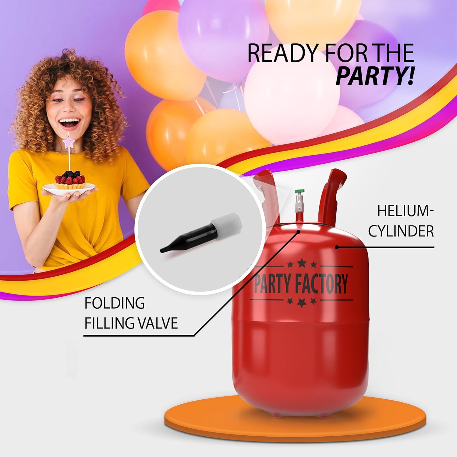 Party Factory – Helium Tank - 1x 140 liters for up to 20 assorted balloons (latex, LED & foil) – Party birthday decoration disposable gas cylinder – bendable filling valve – For decorative occasions