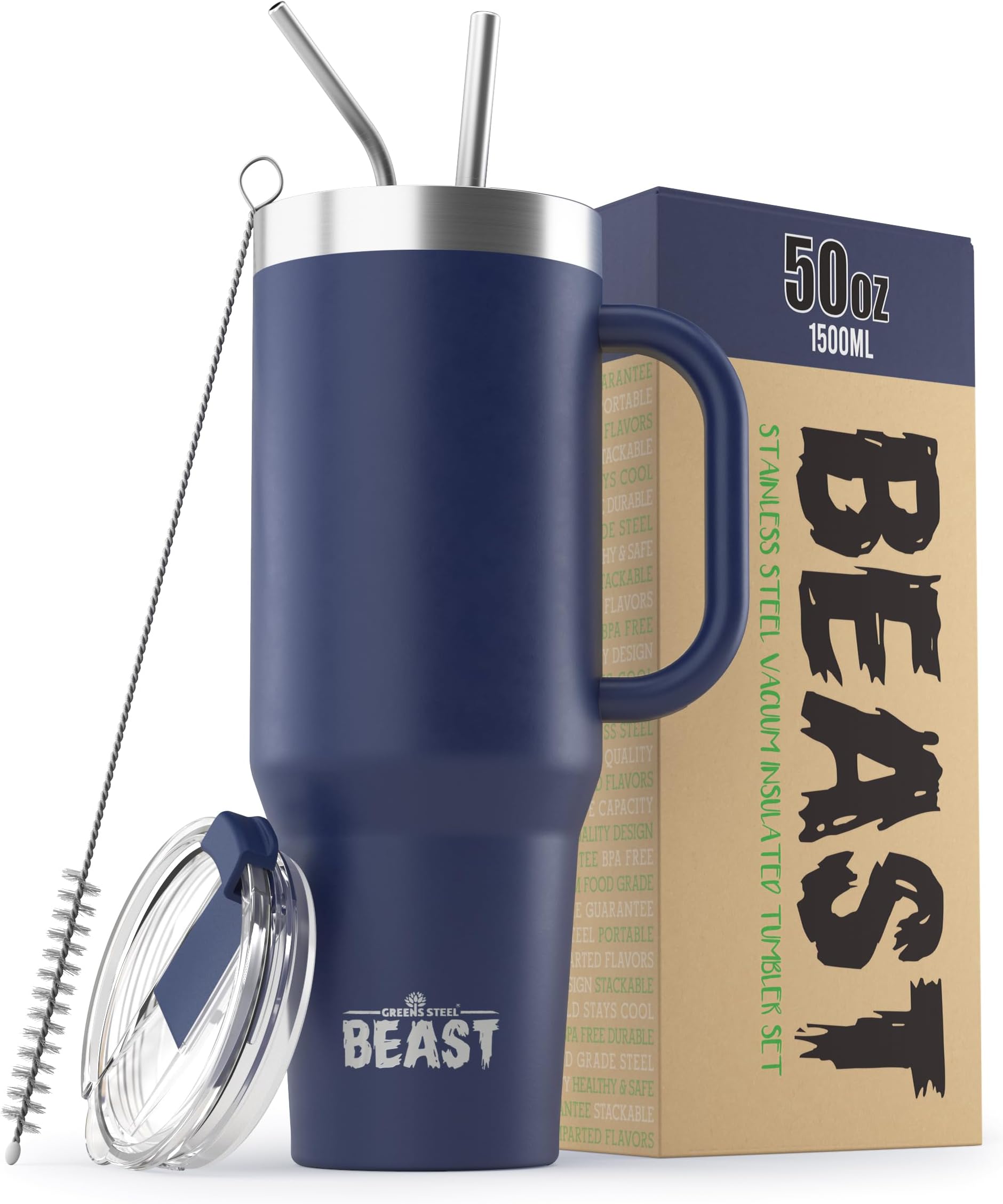 Beast 50 oz Tumbler with Handle Stainless Steel Vacuum Insulated Coffee Ice Cup Double Wall Travel Flask (Royal Blue)