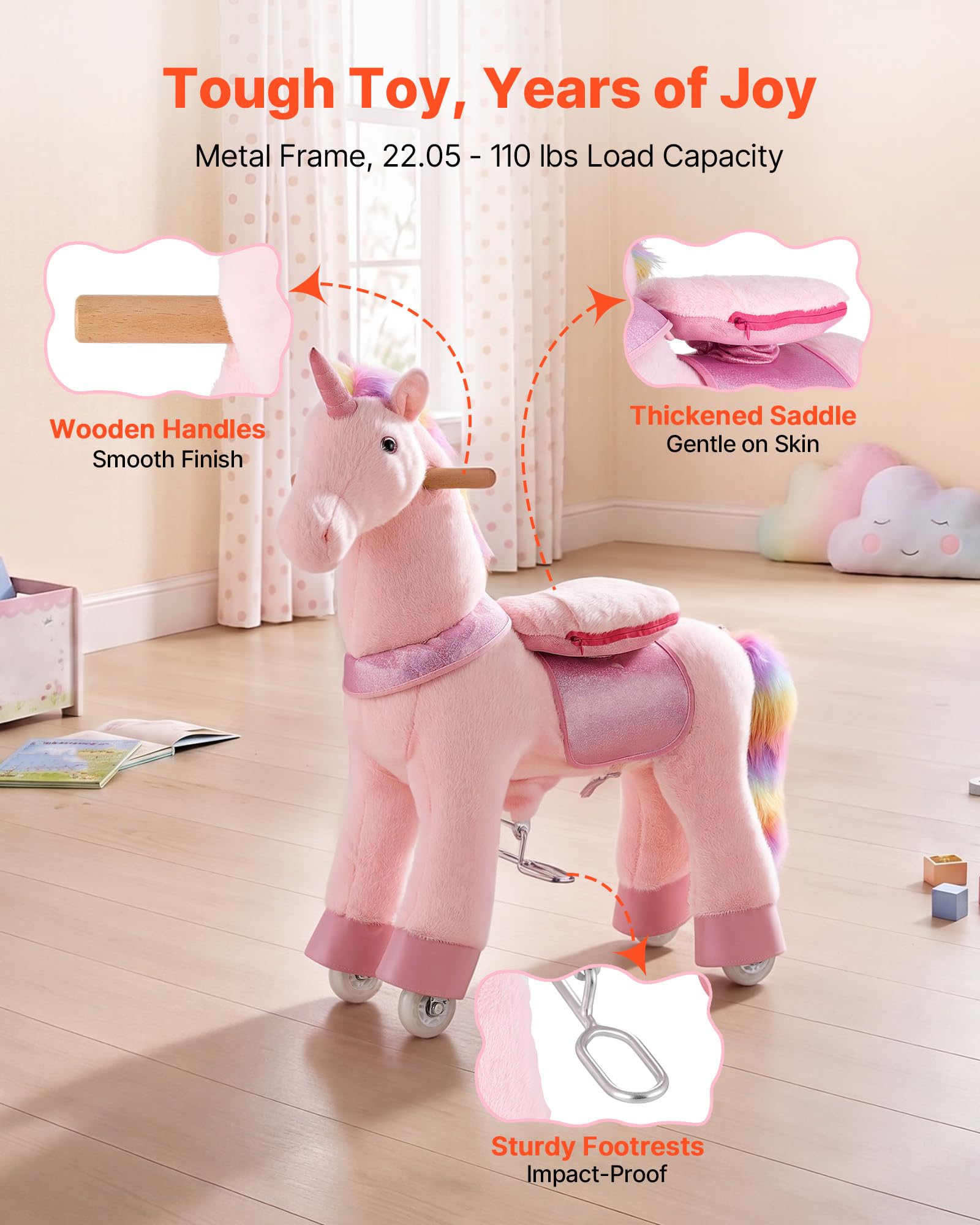 VEVOR Unicornio de Juguete para Niños, Pony de Montar con Ruedas y Pedales, Caballito Unicornio con Sonido, Estructura de Metal, Carga hasta 50 kg, Uso Interior y Exterior, para Niños de 3 a 8 Años