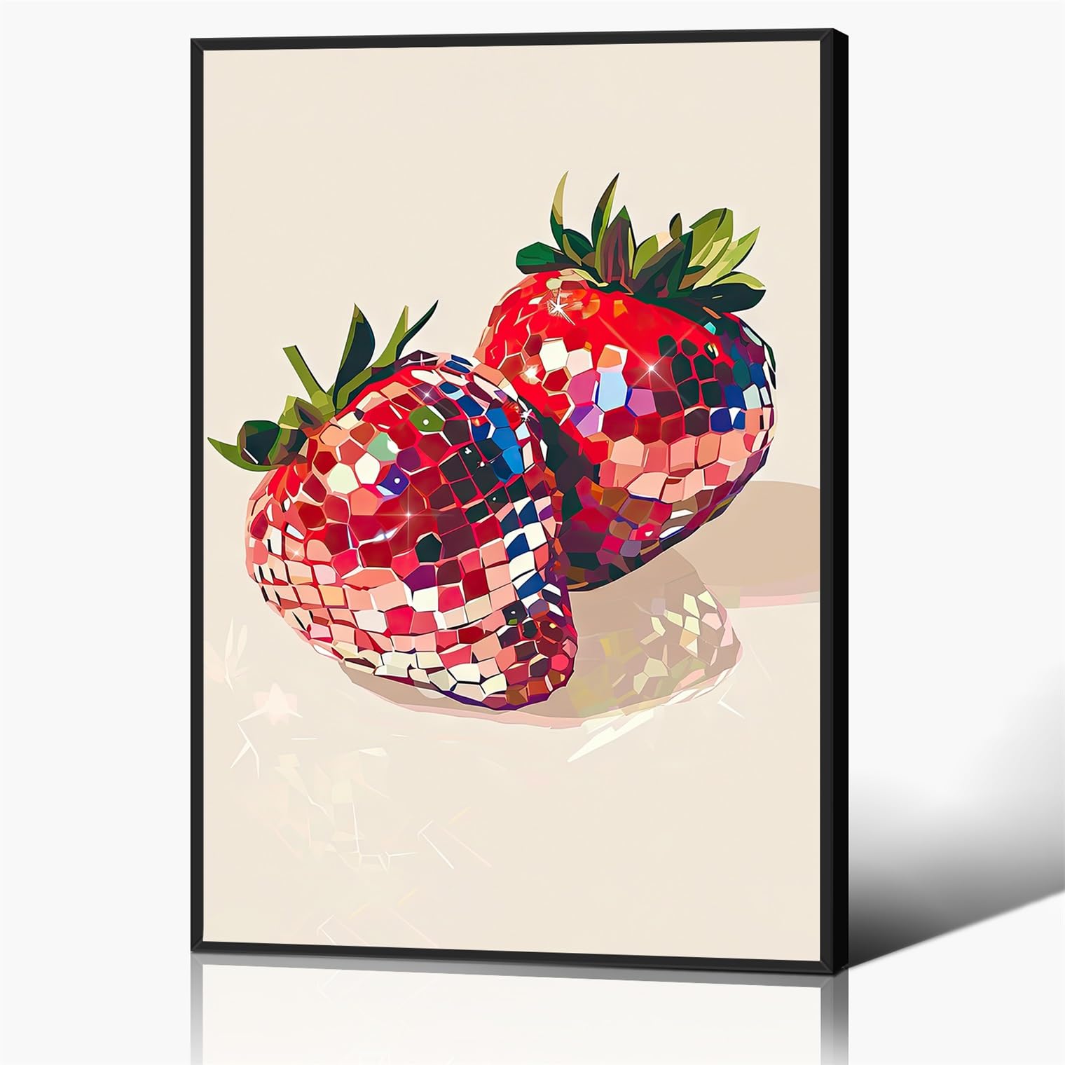 Anslipswar Girls Strawberry Framed Funky Red Strawberry Disco Wall Art, Trendy Disco Ball Poster For Room, Coquette Strawberries Picture Print, Strawberry Disco Ball Art Fruit Poster 12X16in Framed