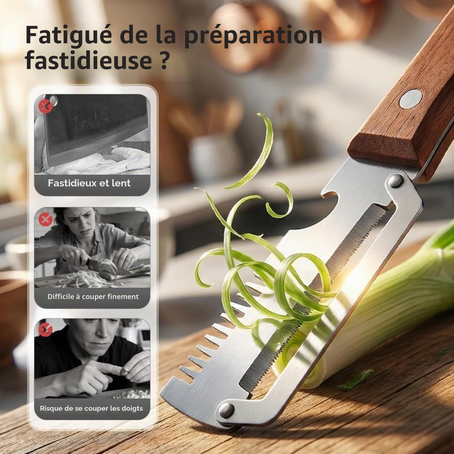 Éplucheur Multifonction 3 en 1 Acier Inoxydable avec Manche en Bois, Coupe-Légumes et Ouvre-Bouteille