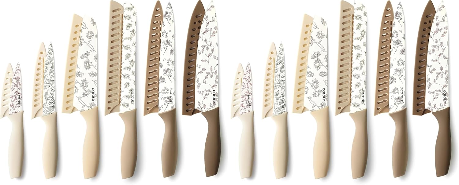 CAROTE 12PCS Knife Set, Kitchen Knife Set with 6 Blade Guards, Stainless Steel Knives Set With Nonstick Ceramic Coating, Rustproof, Delicate Floral Designs, White (Pack of 2)