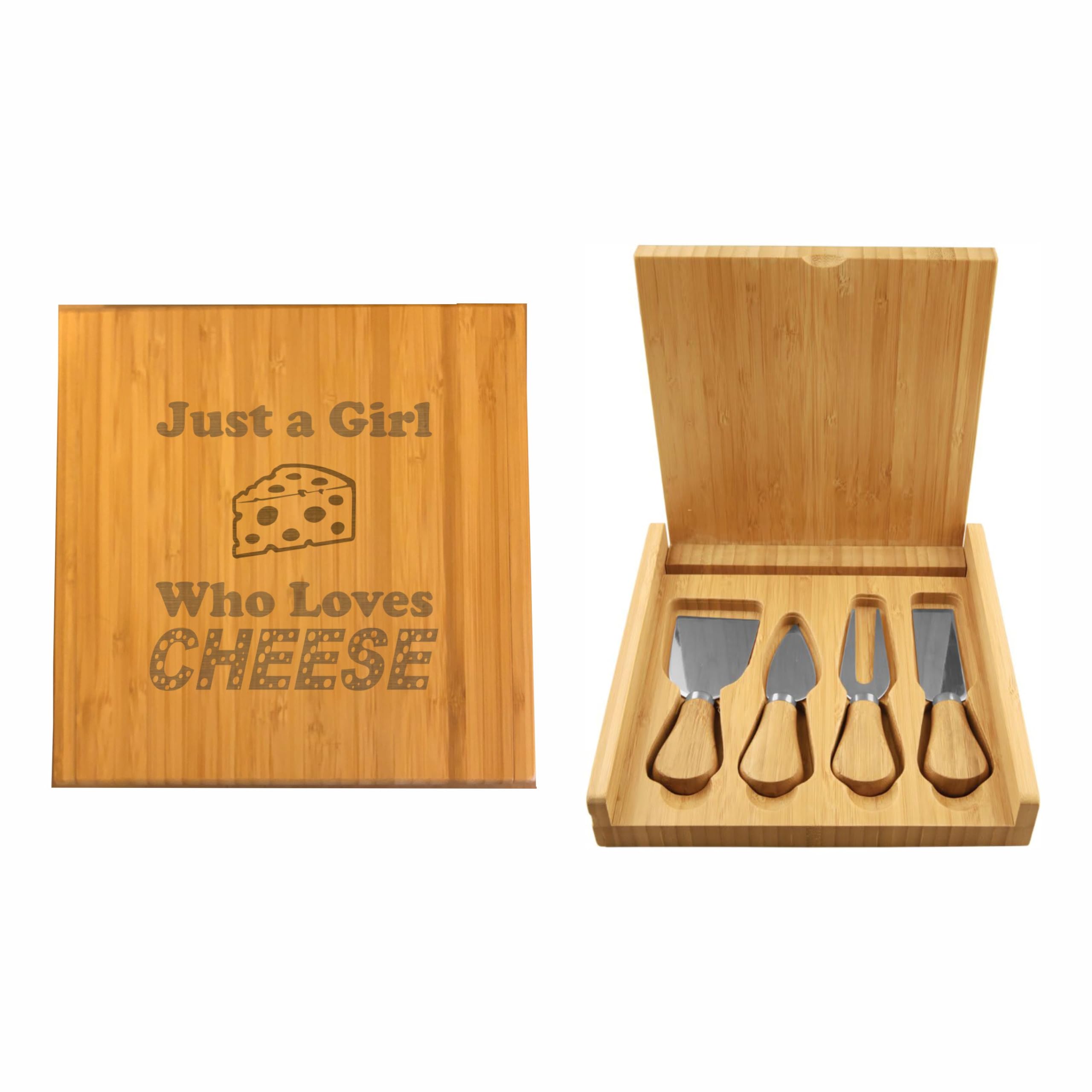 Funny Gifts For Cheese Lovers Just a Girl Who Loves Cheese Engraved Bamboo Case with Cheese Tool Set