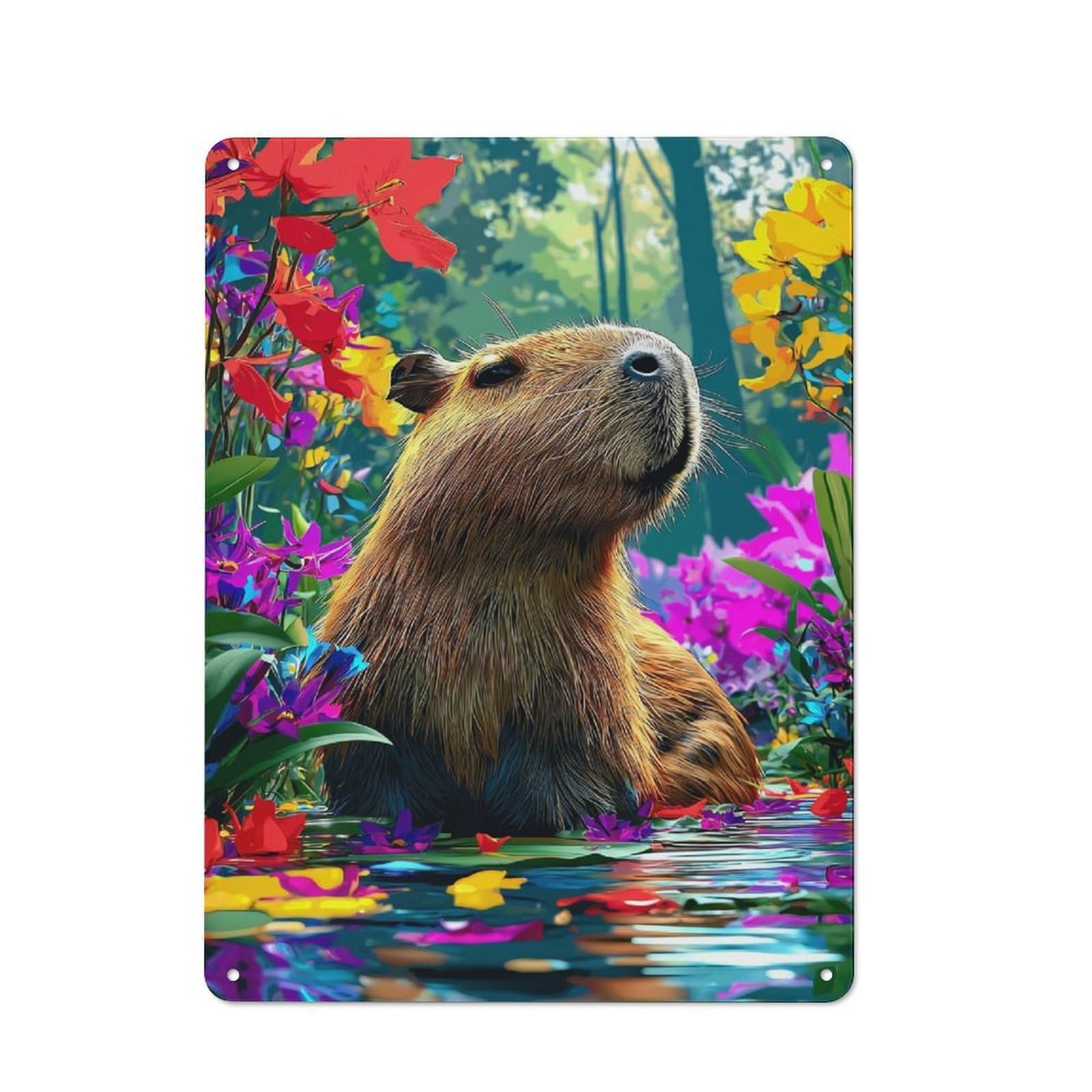 Junmoney Capybara In A Floral Paradise -2 Retro Tin Wall Plaque 40X30cm Featuring For Garage Wall, New Home Wall Decor For People Furnishing A Garage