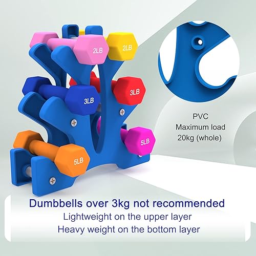 Vista 12 de Portzon Soporte para mancuernas, árbol de pesas de mano, diseñado para sostener mancuernas de neopreno, un par cada uno