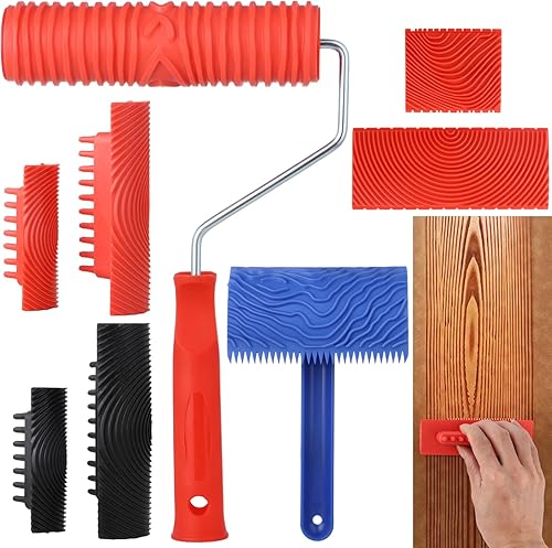 Herramienta de granulado de madera, juego de 8 herramientas de pintura de grano de madera, rodillo de pintura de grano de madera con asa,
