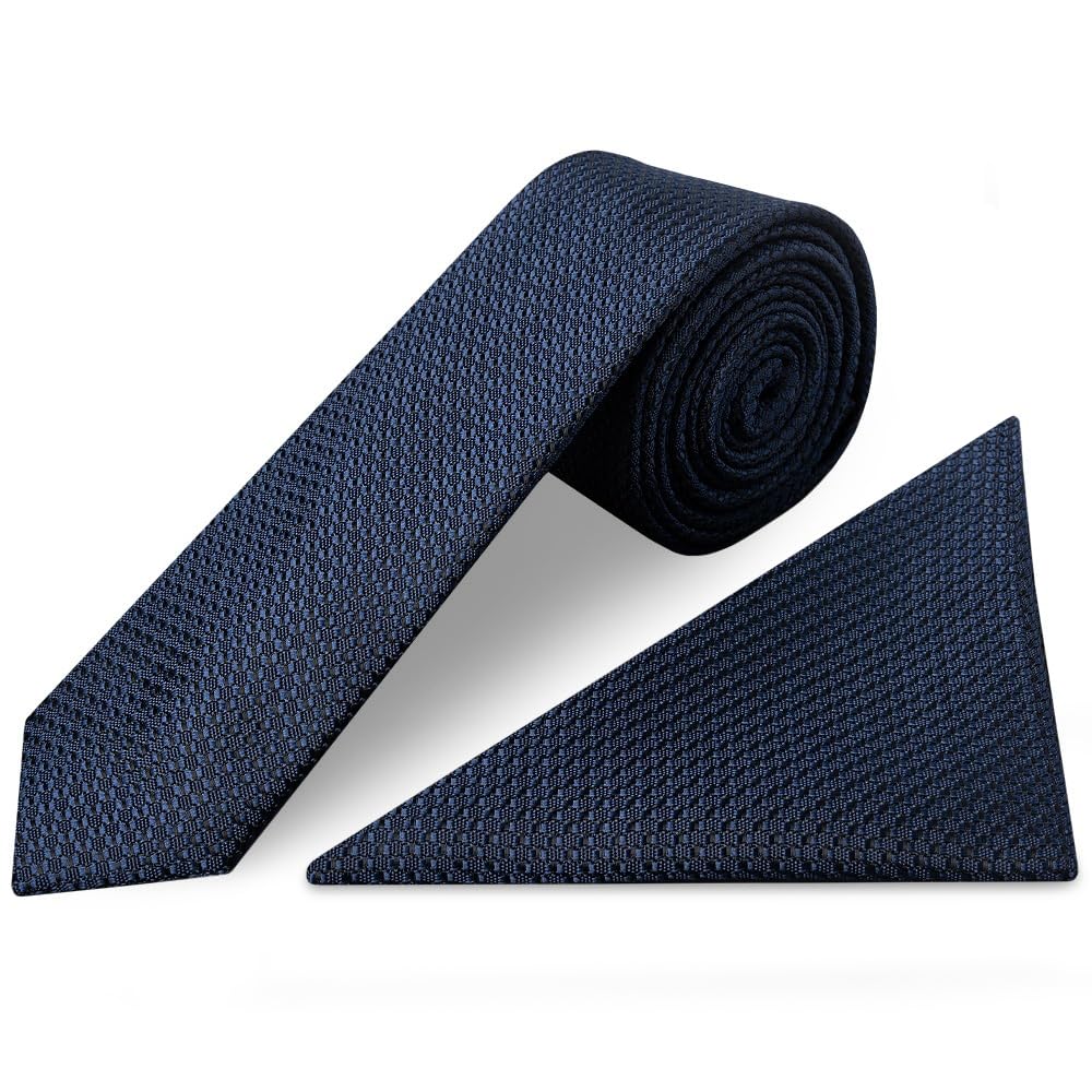 Ties R Us Men's French Navy Textured Skinny Tie And Pocket Square Set