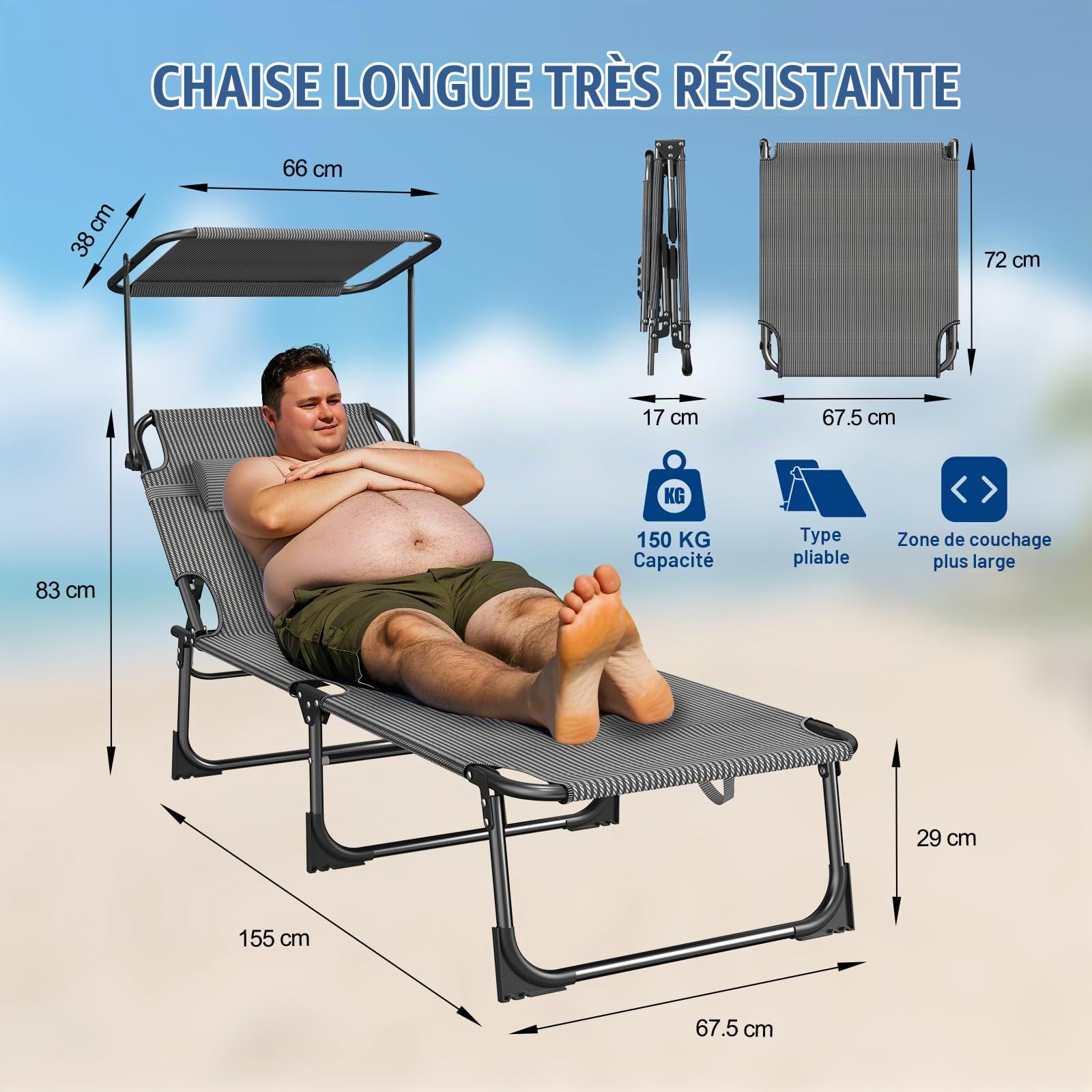 Lot de 2 Chaise Longue avec Pare-Soleil 360° Réglable, Bain de Soleil Pliable, Transat Extra Large 68 cm-Tissu Oxford 600D, Dossier Inclinable et Appuie-Tête, Poche Latérale, pour Jardin-Plage, Noir