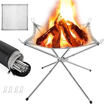 22 Inch Fire Pit, Portable Outdoor Collapsible Stainless Steel Mesh Fireplace for Camping BBQ Heating Bonfire Barbecue Patio Backyard Garden Carrying Bag Included