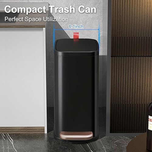 Miniatura 2 de Basurero de baño con tapa, pequeño cubo de basura de acero inoxidable de 1.7 galones, compacto de metal con pedal escalonado, cubo interior