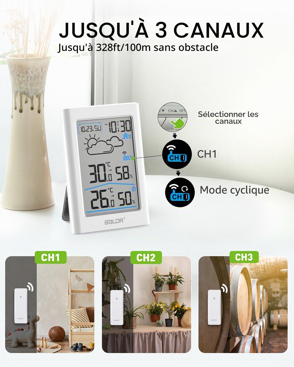BALDR Station météo sans fil avec capteur extérieur, horloge radio numérique DCF, thermomètre hygromètre d'intérieur et extérieur, pour prévisions météorologiques, écran de 3,7'', crème