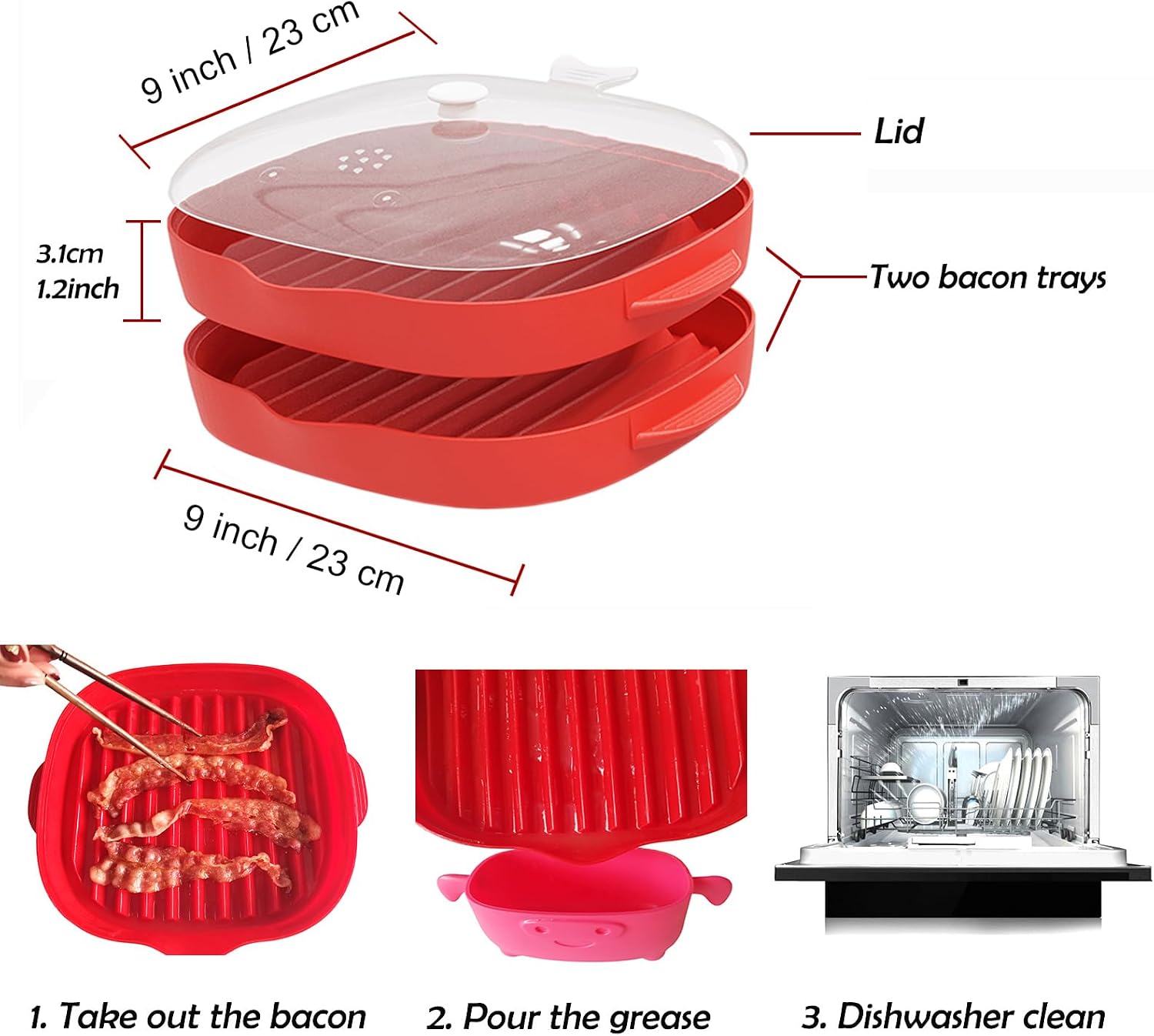 Microwave Bacon Cooker Tray, Splatter Lid, 2 Silicone Mats, Bacon Grill