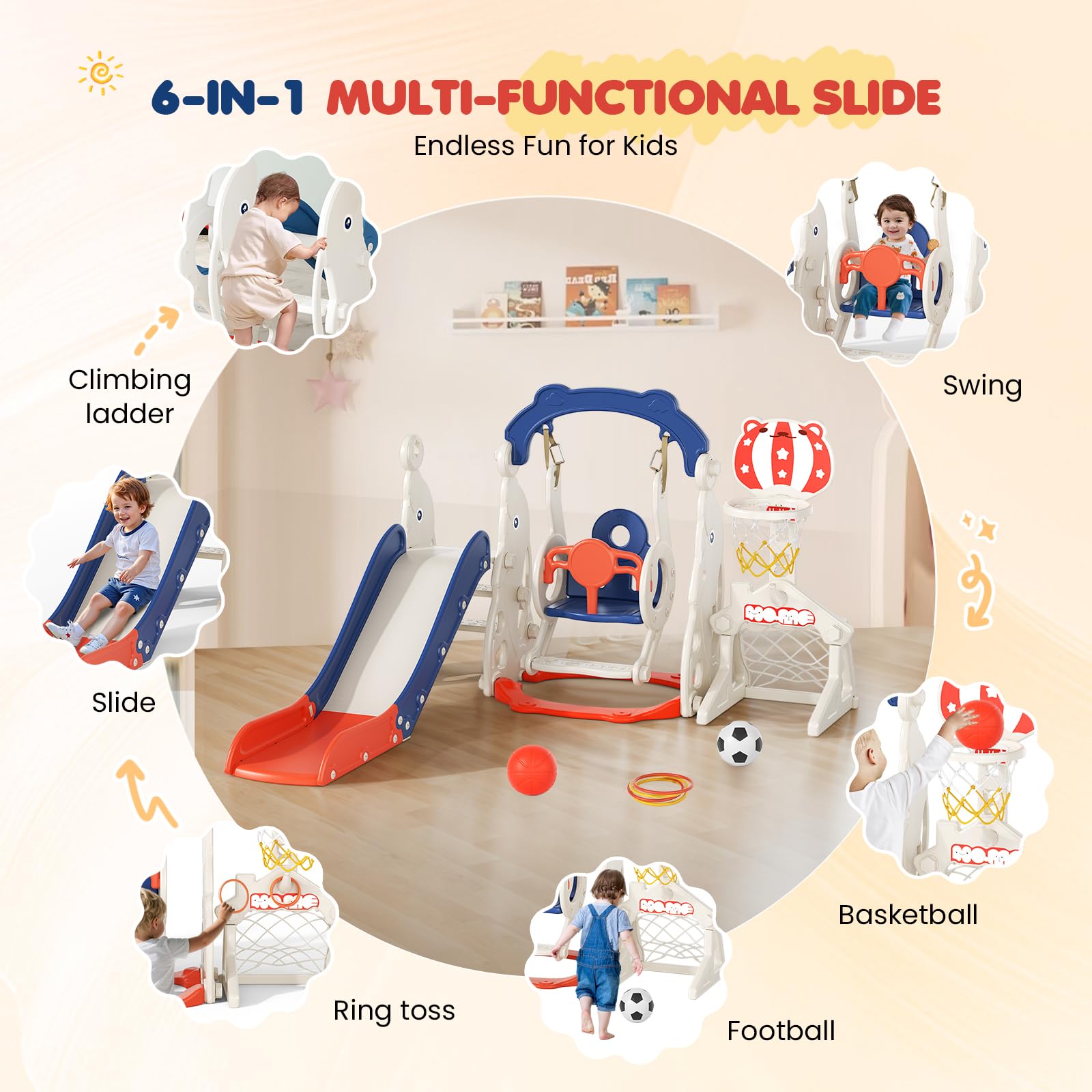 6-in-1-Kinderrutsche für drinnen und draußen, große Kleinkind Rutsche | Basketballkorb,Klettergerüst , Teleskop, extralange Rutschbahnfür 1-5 Jahre，Montessori Baby-Gartenrutschen-Spielset