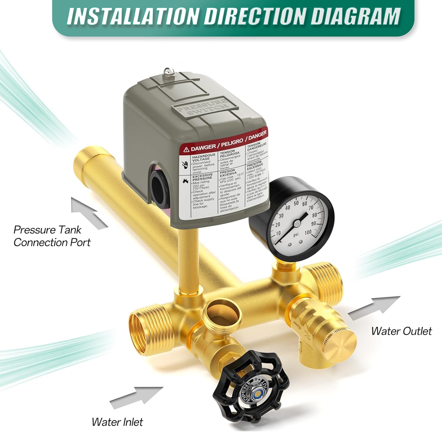 Brass Well Pressure Tank Tee Kit with 40-60PSI Pressure Switch, 100Psi Pressure Gauge, Valve, DN25Check Valve, Pagoda Joint, Hose Clamp, for Well Pressure Tank with Diameters Up to 16"