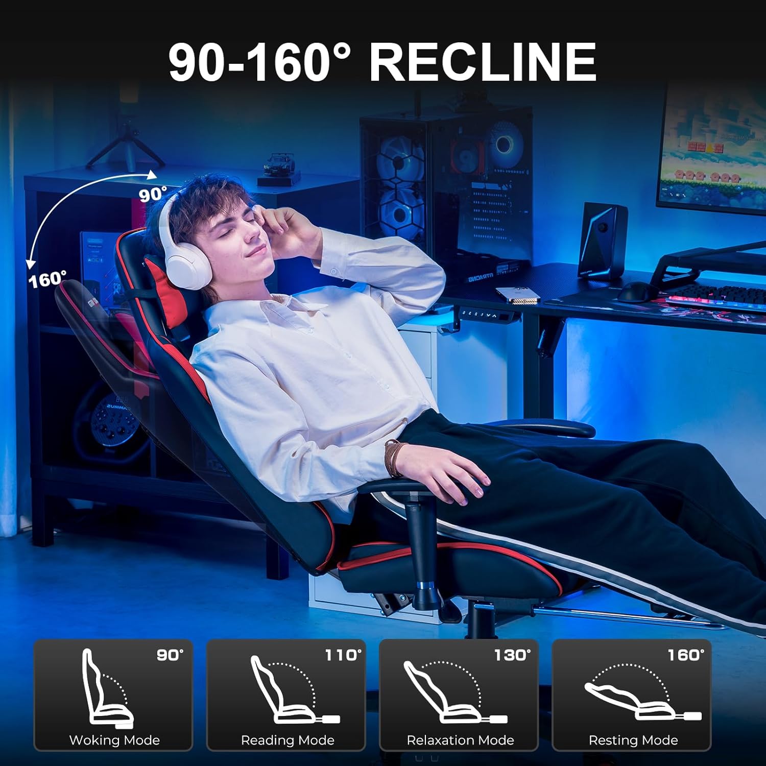 Gaming Chair with Footrest, High Back Computer Chair Ergonomic Game Desk Chair Racing Executive Adjustable Swivel Rocker with Headrest and Lumbar Support