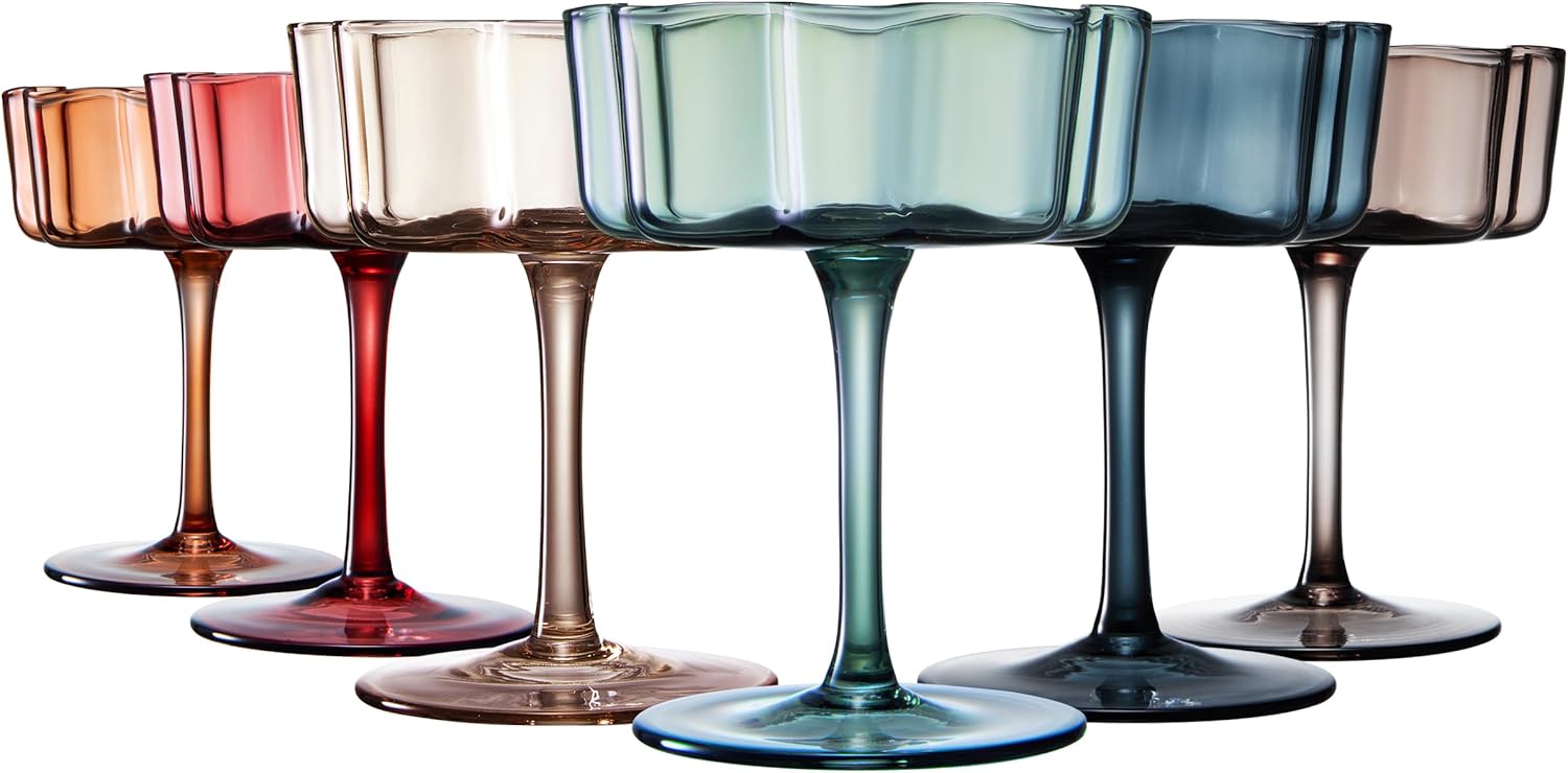 GUTE KHEN Flower Vintage Wavy Glass Coupes Martini, Champagne & Cocktail Coupes - Set of 6 - Muted Colors 7oz Colorful Cocktail Glasses Ripple & Champagne Glasses, Prosecco, Mimosa Copyright Design