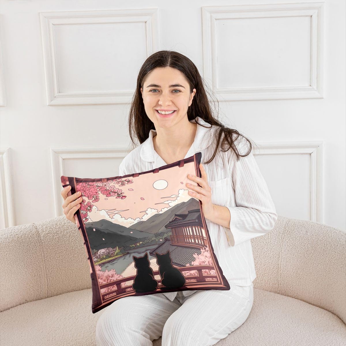 Manfei Japanese Cat Cushion Cases 18X18 Set of 2 Cherry Blossom View Throw Pillow Covers Mountain Anime Aesthetic Cushion Covers for Kids Decorative Pillowcases Soft Pillows Covers Pink Gray image 4