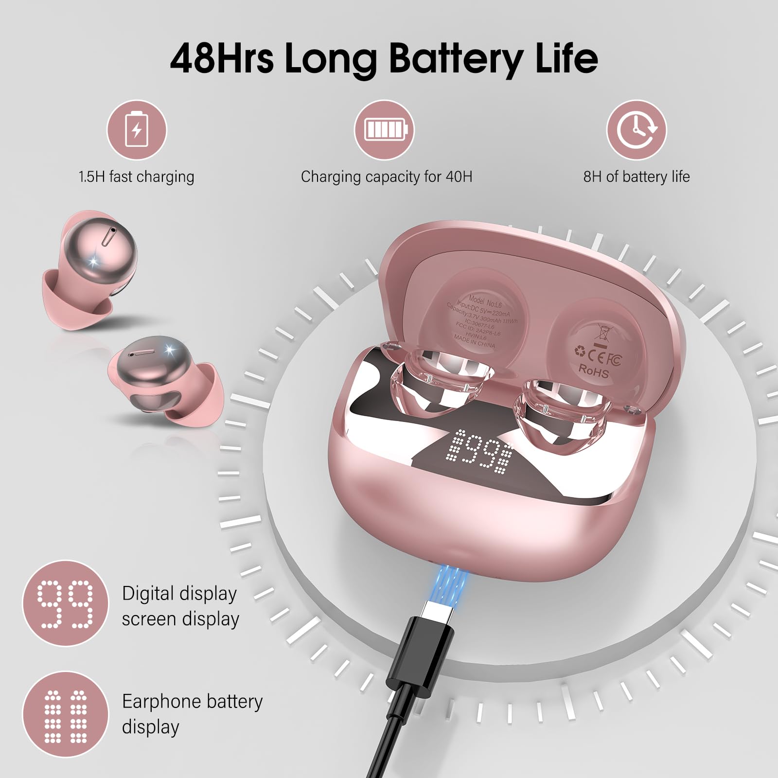 Auriculares Inalámbricos con Pantalla Táctil LED, Auriculares Bluetooth HiFi Estéreo, Mini Auriculare para Dormir Oro Rosa