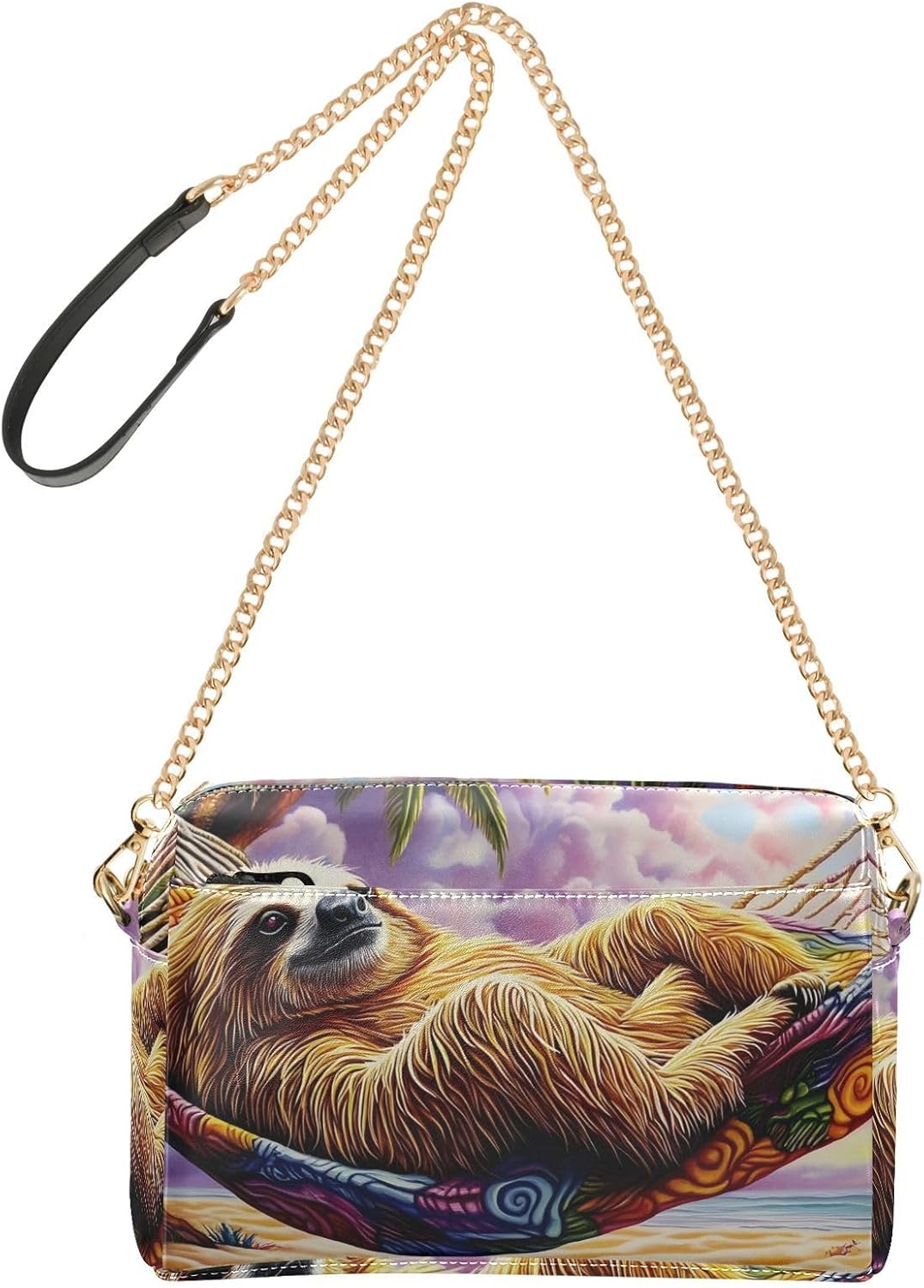 Women Crossbody Bag Shoulder Handbag Cellphone Purse PU Leather Metal Chain Strap Water Resistant Zipper Closure Beach Sloth Print