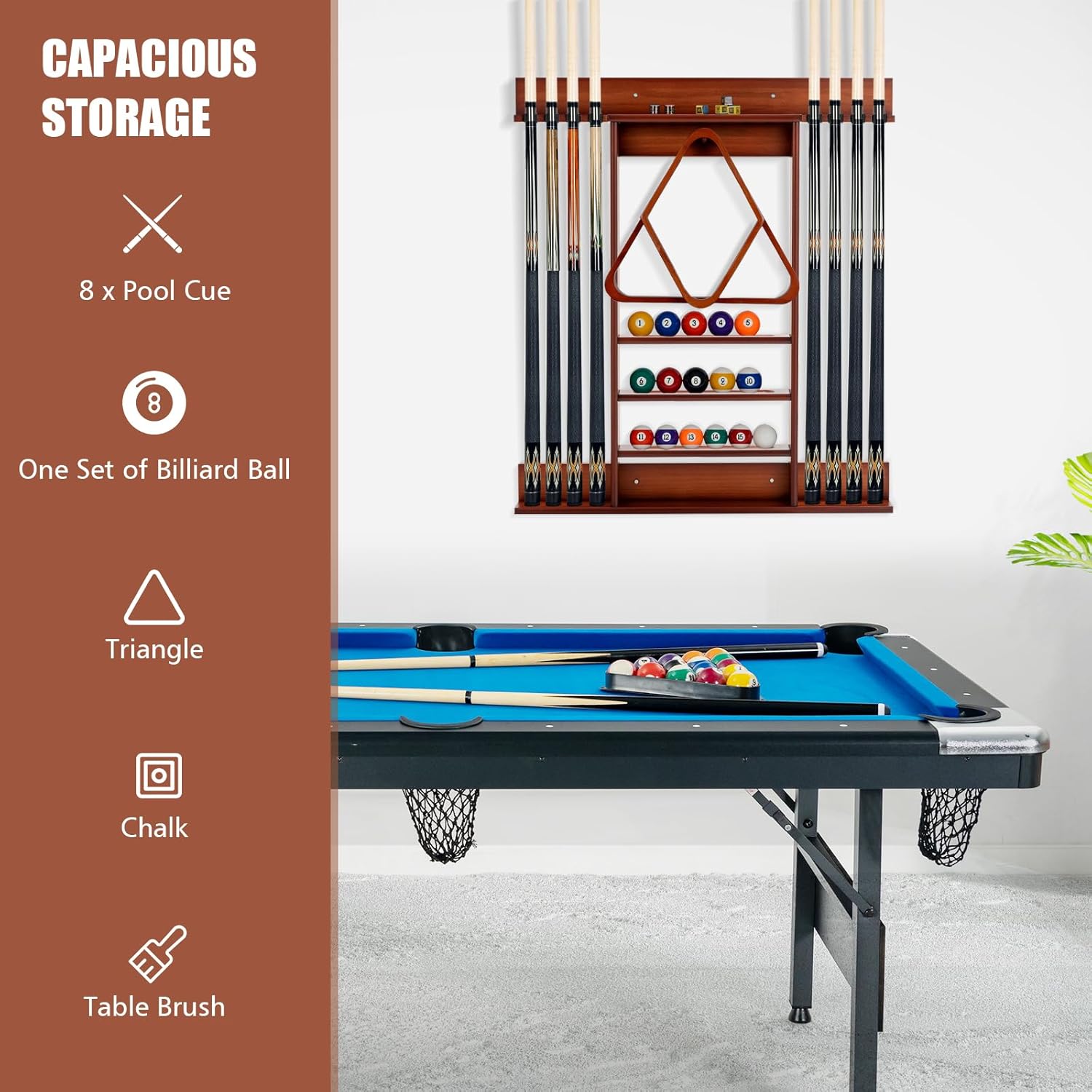 GYMAX Pool Stick Holder, Wall Mount 8 Pool Cue Rack made of 100% Pine Wood, Billiard Cue Racks Pool Table Accessories for Game Room Club Men Cave