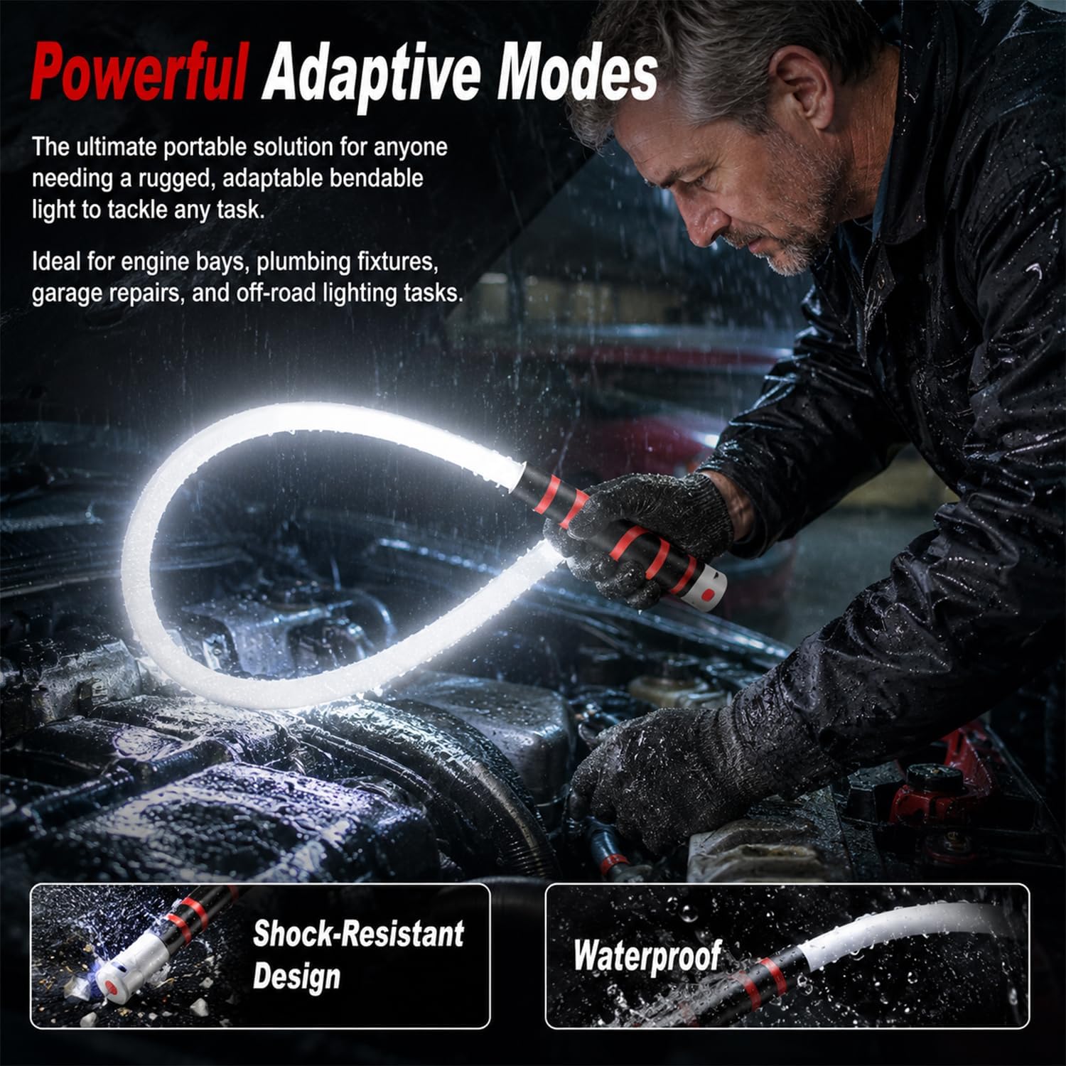 Flexible LED Flashlight Stick, 29 Inch Bendable Work Light, High Lumen Rechargeable LED Work Light, 3 Brightness Modes, Portable Inspection Lamp for Mechanic Car Repair 1 Pack