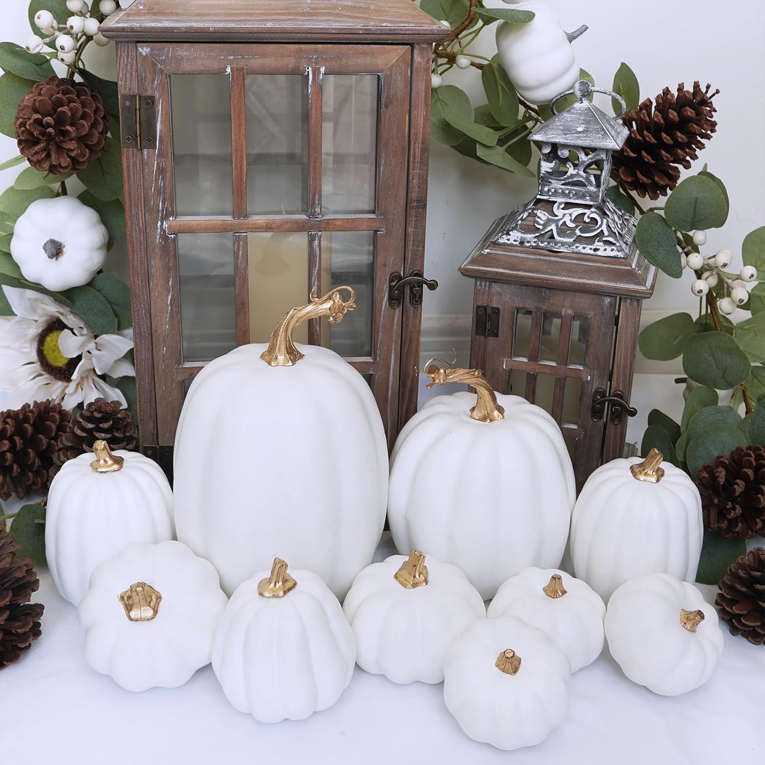 Winlyn 10 Pcs Assorted White Artificial Pumpkins Harvest White Pumpkins Decorative Pumpkins Foam Rustic Fall Pumpkins for Autumn Fall Wedding Thanksgiving Halloween Props Home Seasonal Mantel Décor