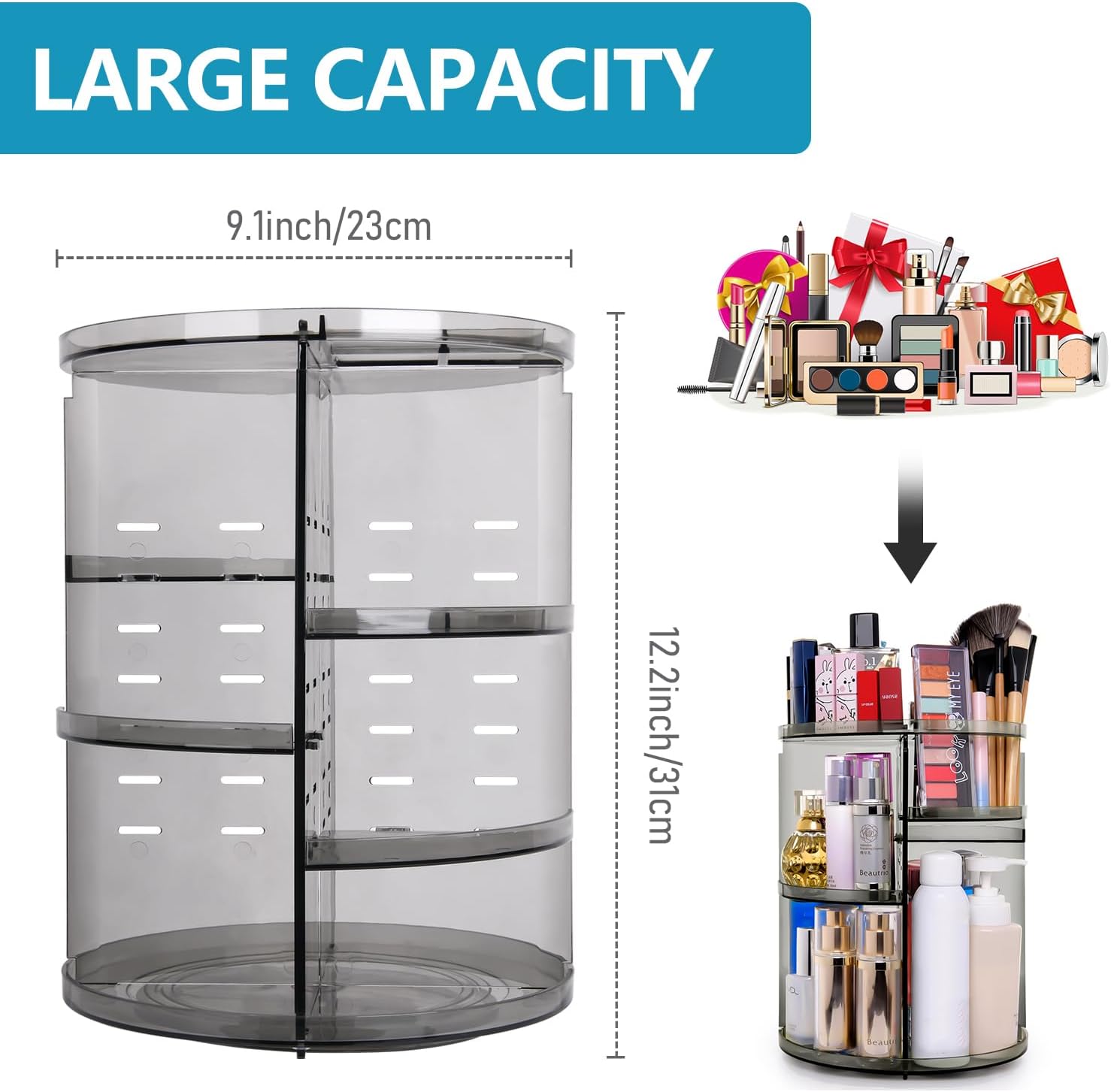 Diagram illustrating the large capacity and dimensions of the sanipoe rotating makeup organizer, showing various cosmetics stored within.