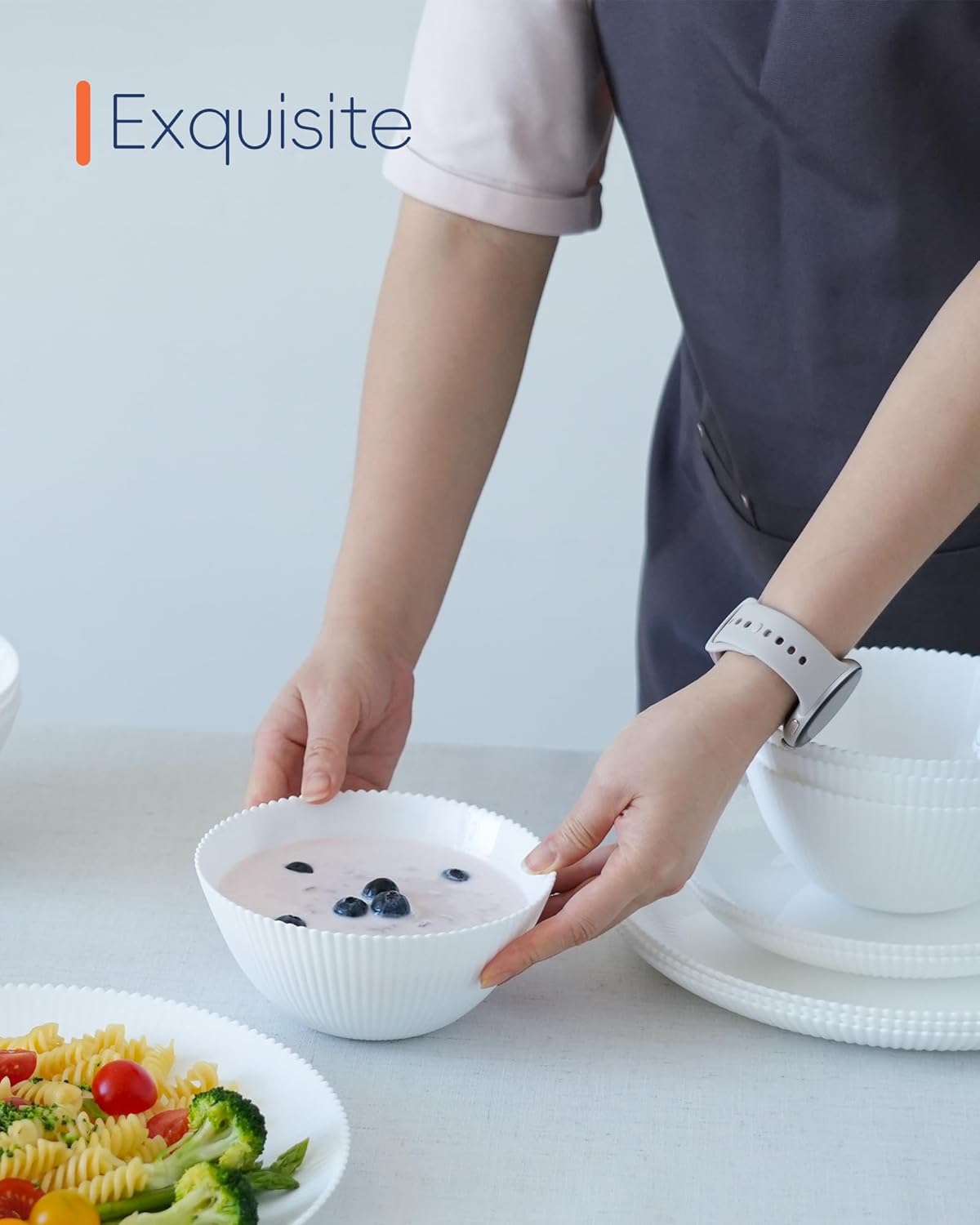 20 OZ Max White Opal Glass Cereal Bowl Set of 6, 6 inch Dishwasher & Microwave Safe Round Ribbed Bowls for Kitchen, Salad, Soup and Rice - Image 3