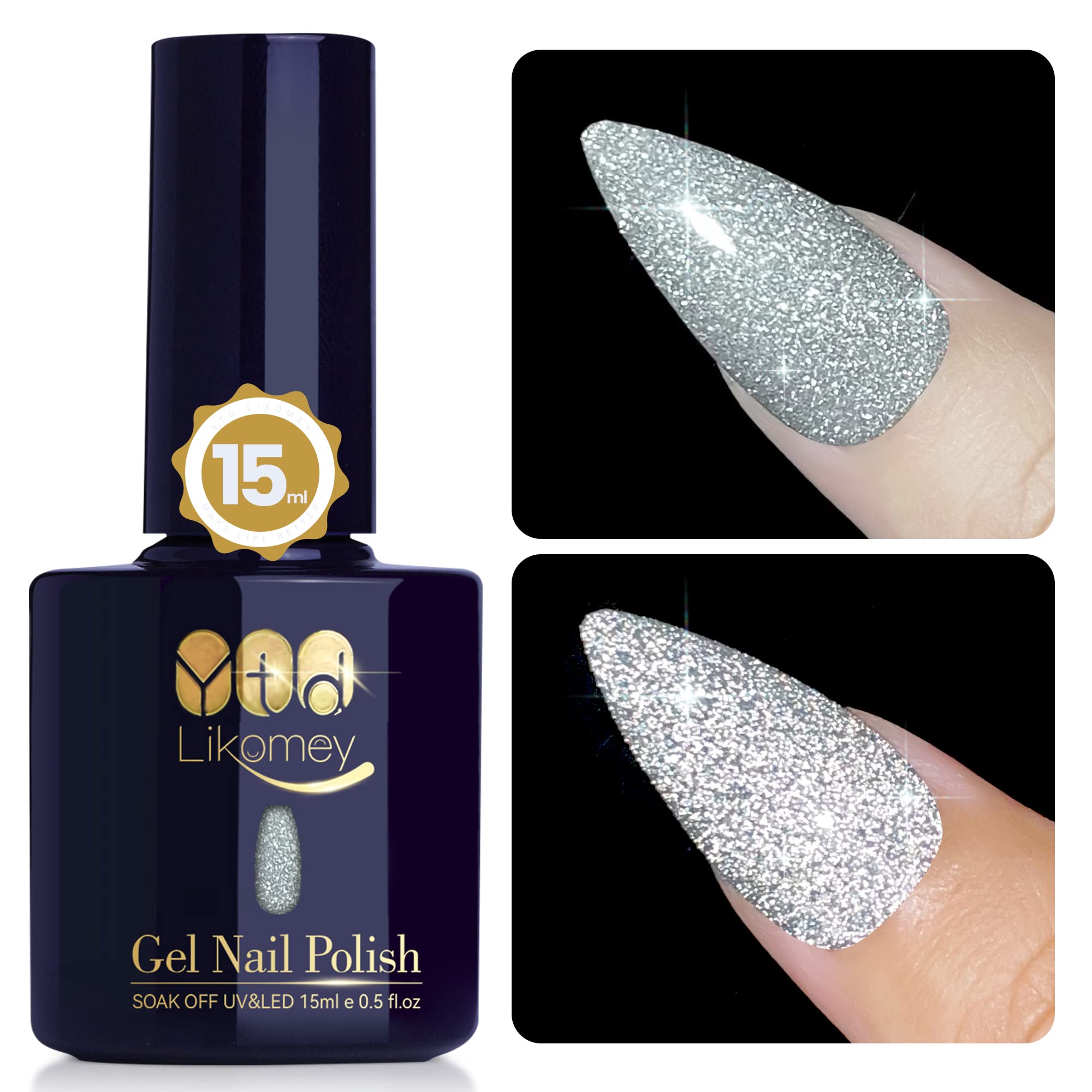 YTD Likomey Gel Nail Polish,Reflective Glitter 15ml Galaxy Siver Flash Diamond Shimmer Gel,Sparkly Shiny Salon Home Nail Art Manicure UV Varnish,SZ227