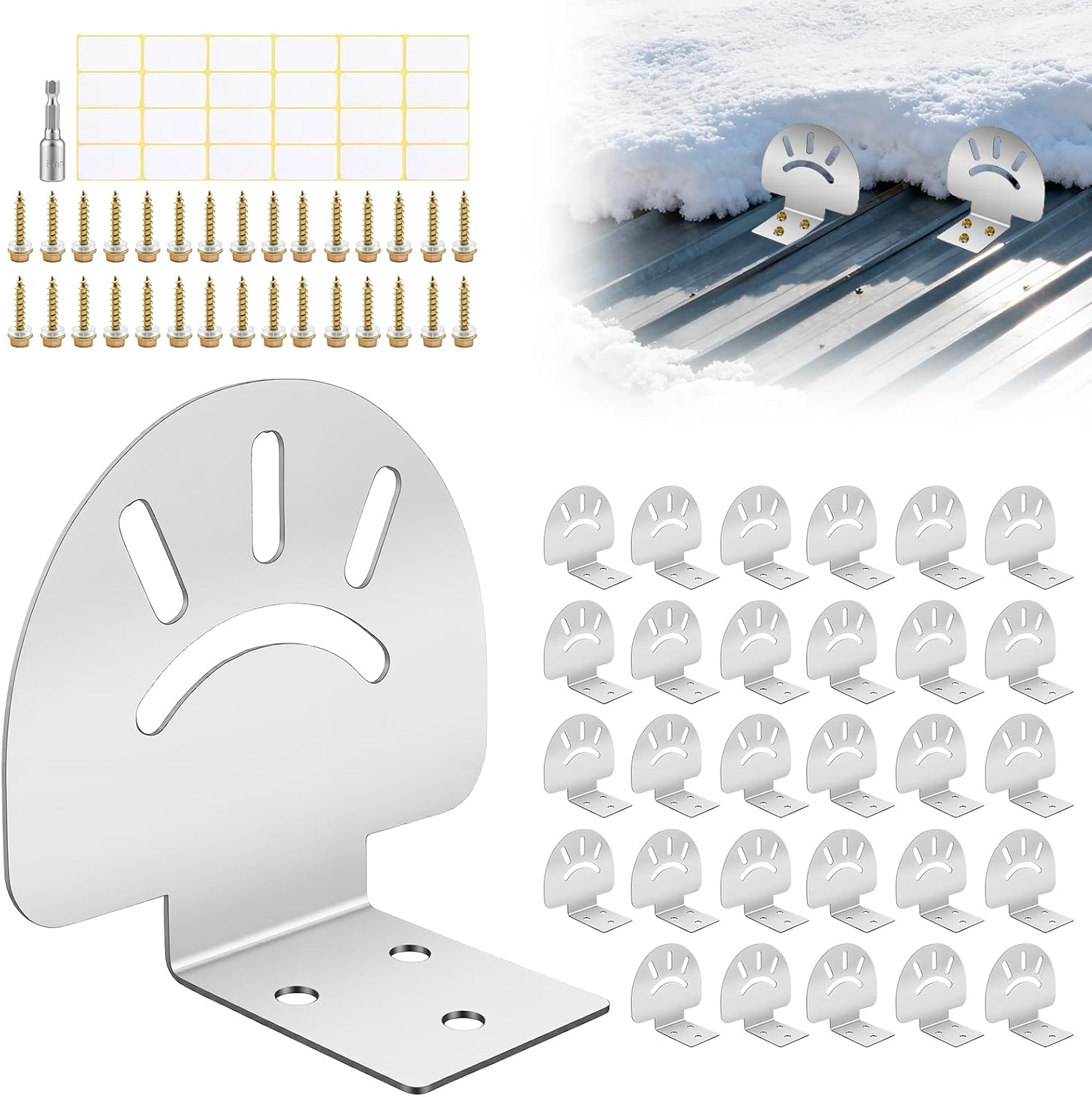 30 Pcs Snow Guards, Roofs Snow Guards, Stainless Steel Blizzard Stops, Prevent Sliding Ice Stop Buildup with Adhesive Gasket and Screws for Metal Roofs Steel Roof Winter Supplies