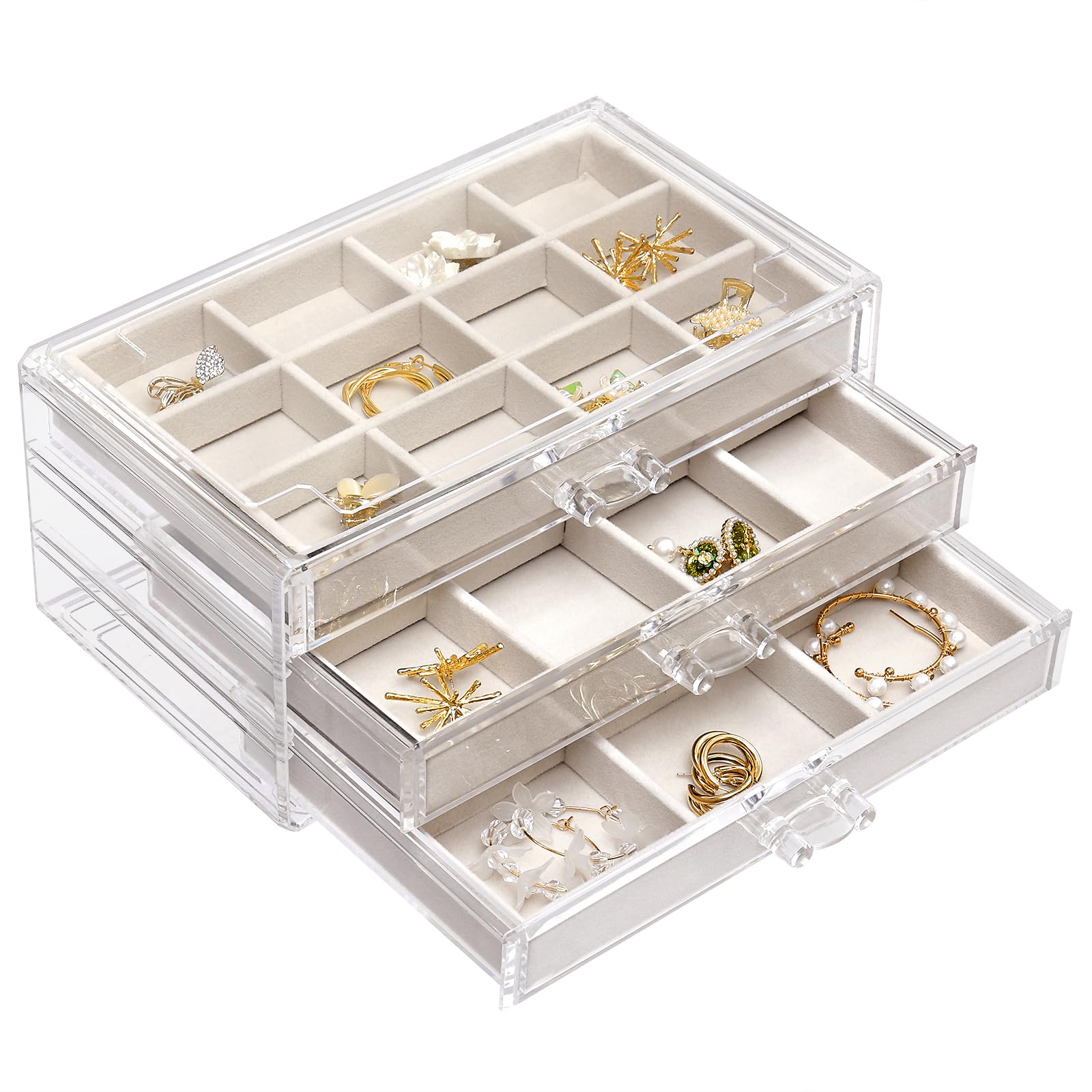 misayamisaya Earring Jewelry Organizer with 3 Drawers, Mother's Day Present, Clear Acrylic Jewelry Box for Women, Velvet Earring Display Holder for Earrings Ring Bracelet Necklace, Cream