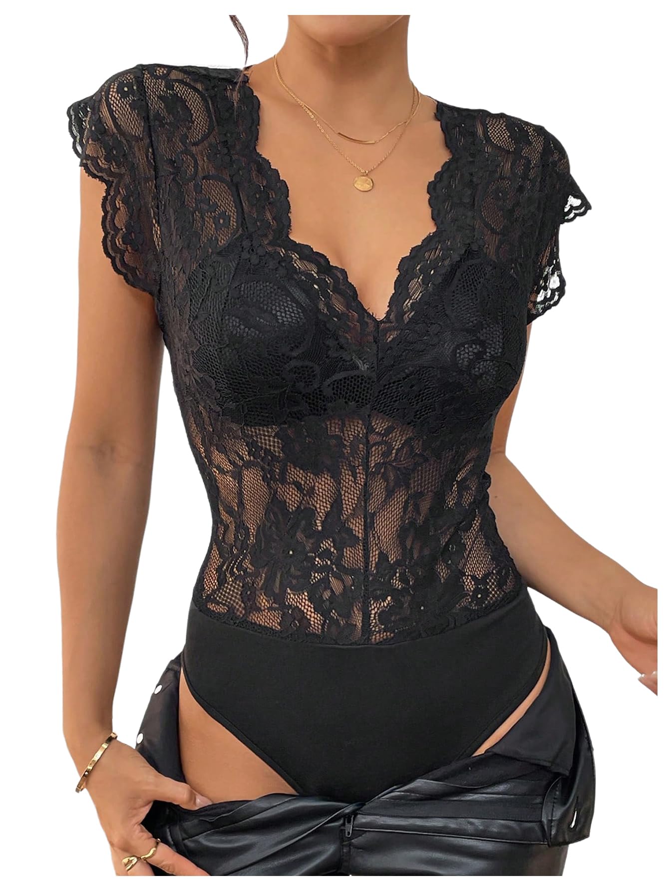 Photo 1 of MakeMeChic Women's Lace Bodysuit Date Night Romper Deep V Neck Lace Tops Bodysuit Lace Black Large