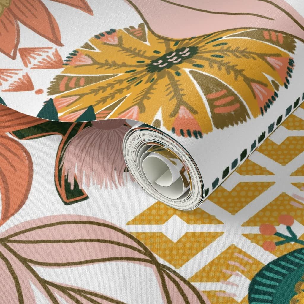 Spoonflower Peel & Stick Wallpaper 3ft x 2ft - Boho Tropical Gold Mustard Mandala Bohemian Coral Botanical Maximalist Paradise Monstera Palms Custom Removable Wallpaper