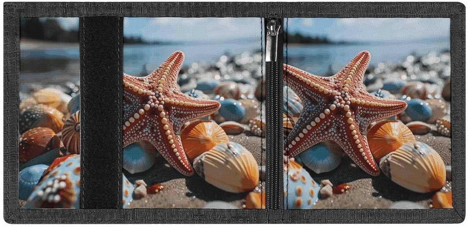 Colorful Starfish on The Beach Trifold Wallets Slim Wallet Novelty Pocket Purse Multiple Card Slots Outdoor Travel Wallet Stylish Durable Wallets For Men Women