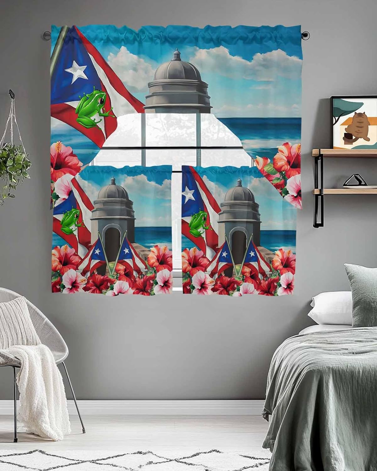 Puerto Rico Flag Swag Kitchen Curtain Sets with Valance,3 Pieces Red Blue Flag Flower Frog Ocean Boho Curtain Drapes Rod Pocket for Bedroom Bathroom Cafe Windows,56''x36'' & 24''x27.5''x2Panels
