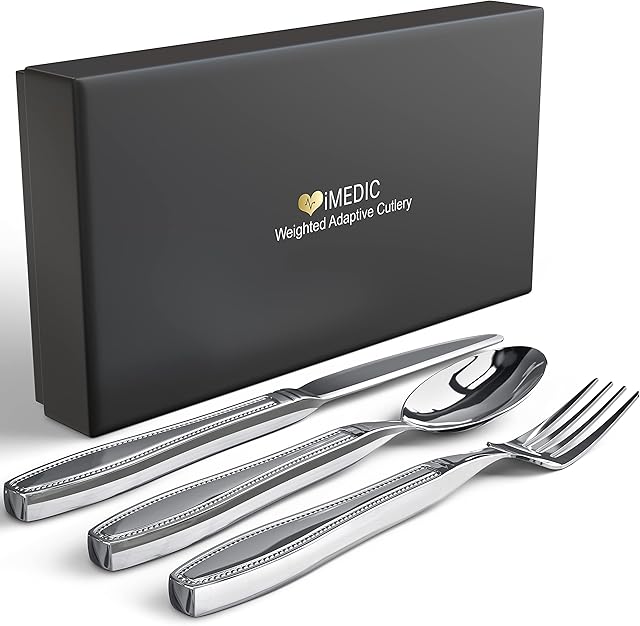 iMedic Weighted Adaptive Cutlery Utensils for Tremors and Parkinsons - 3 Piece Heavy Weight Steel Silverware with Gift Box