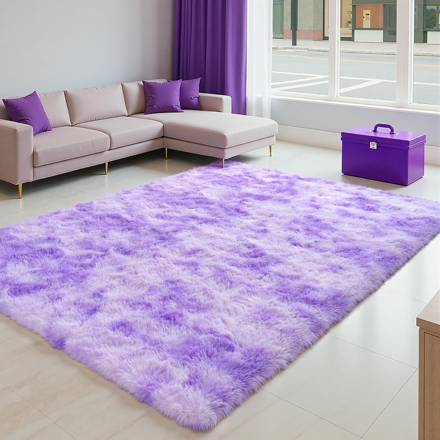 Zentavio Purple Rugs for Girls Room 6x9 Large Area Rugs for Living Room Carpet for Bedroom Washable Soft Fluffy Shag Aesthetic Plush High Pile Throw Rug for Nursery Kids Room Dorm Room Tie-Dyed