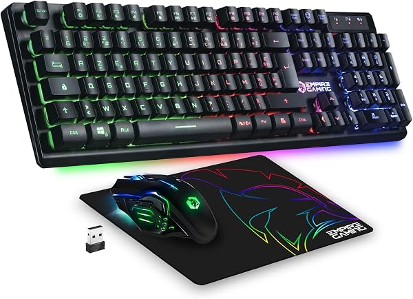 Empire Gaming - Armor RF800 Pack Clavier Souris Gaming Rechargeable sans Fil AZERTY (Français-Layout) RGB avec Tapis de Souris -Clavier 2.4G -Souris 4800 DPI -PC PS5 Xbox One/Series Mac - Noir