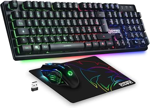 Empire Gaming - Armor RF800 Pack Clavier Souris Gaming Rechargeable sans Fil AZERTY (Français-Layout) RGB avec Tapis de Souris -Clavier 2.4G -Souris 4800 DPI -PC PS5 Xbox One/Series Mac - Noir