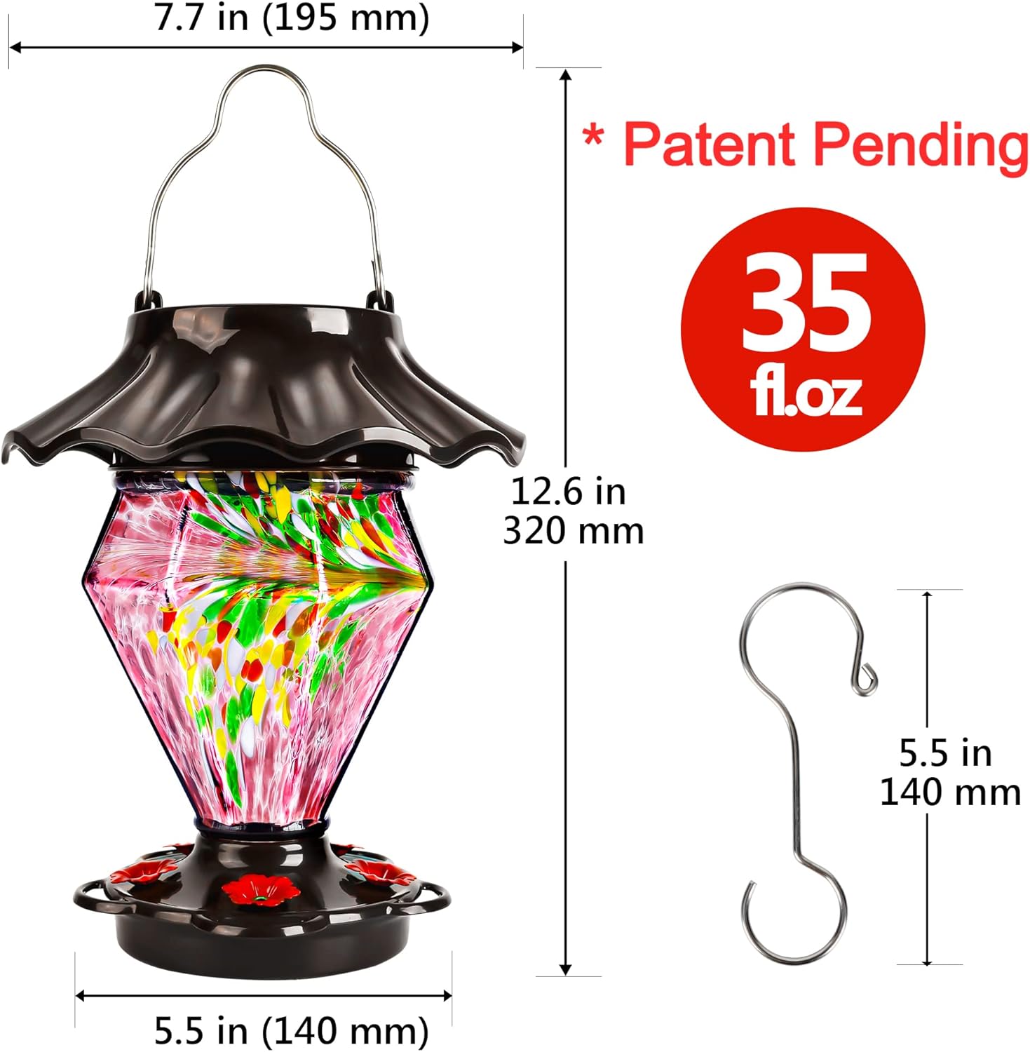 LUJII Solar Powered Color Changing Hummingbird Feeder for Outdoors Hanging, Hand Blown Glass Reservoir, 35 fl.oz, Never Leak, Illuminated Lantern for Garden Decor, for Women, Purple