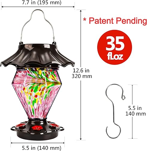 Miniatura 6 de LUJII Alimentador solar para colibríes que cambia de color para colgar en exteriores, depósito de vidrio soplado a mano, 35 onzas líquidas, nunca