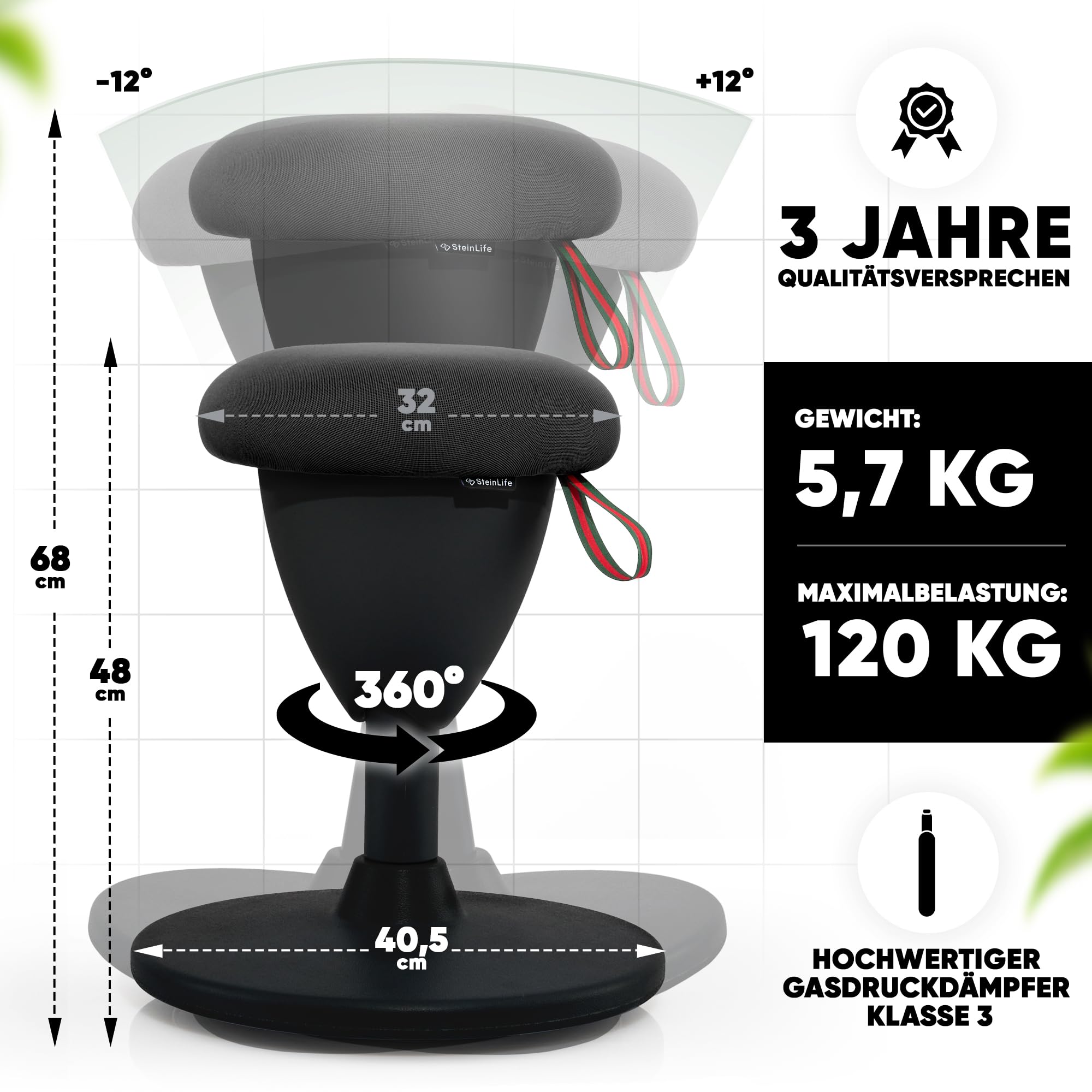 Bürohocker Ergonomisch TESTSIEGER Sitzhocker Höhenverstellbar 48-68cm Schwingeffekt Wackelhocker Stehhocker Arbeitshocker rutschfest Rund