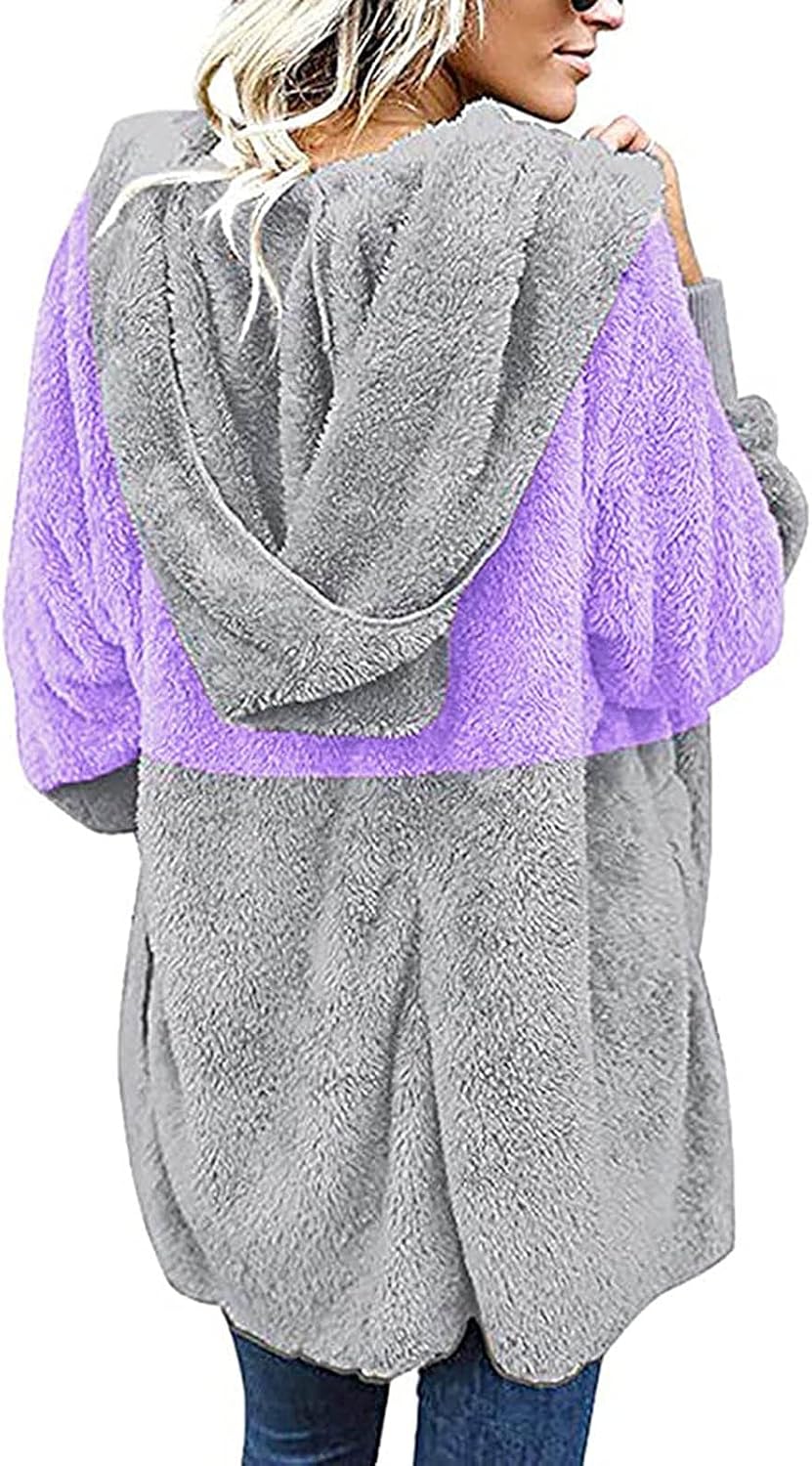 Peigen Women's Hooded Fleece Cardigans Coat Casual Color Block Long Sleeve Jacket Hooded Coat Oversized Plush Outwear : Clothing, Shoes & Jewelry
