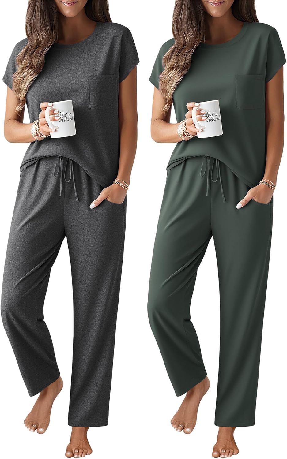 Ekouaer 2 Packs Pajamas for Women Set Cap Sleeve Top and Pants Soft Sleepwear Comfy Pjs Set with Pockets Lounge Set