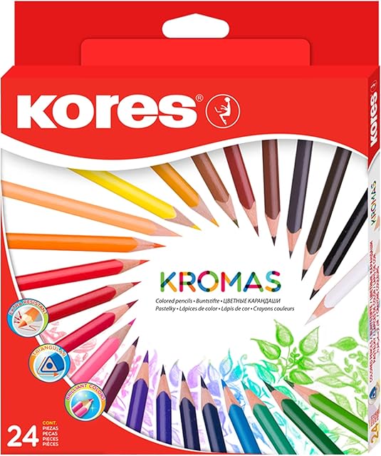 Kores - Kromas: 24 Coloured Pencils for Kids, Beginners and Adults with Soft Lead and Triangular Shape, School Supplies, Set of 24 Assorted Colours