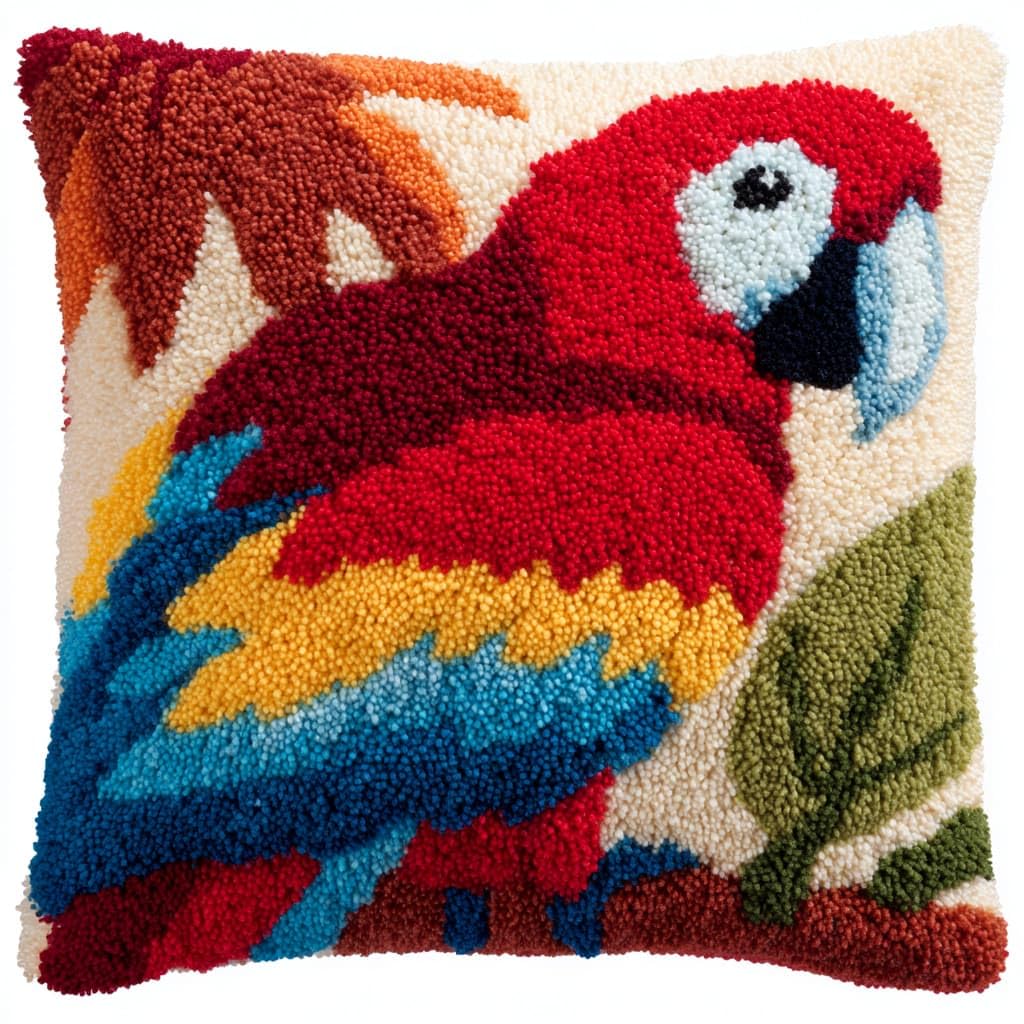 Taxpy DIY Latch Hook Pillow Cover Kits, Animal Parrot Stamped Handamade Pillowcase Crochet Yarn Hook and Latch Emboridery Throw Pillow 43x43cm