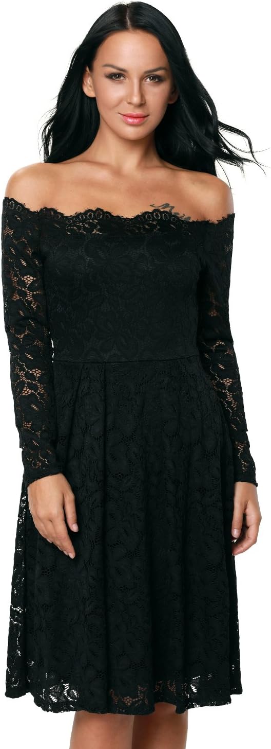 Women's Black Off Shoulder Floral Lace Dress Long Sleeve Boat Neck Cocktail Swing Dress Party Wedding Dresses Black 4/6