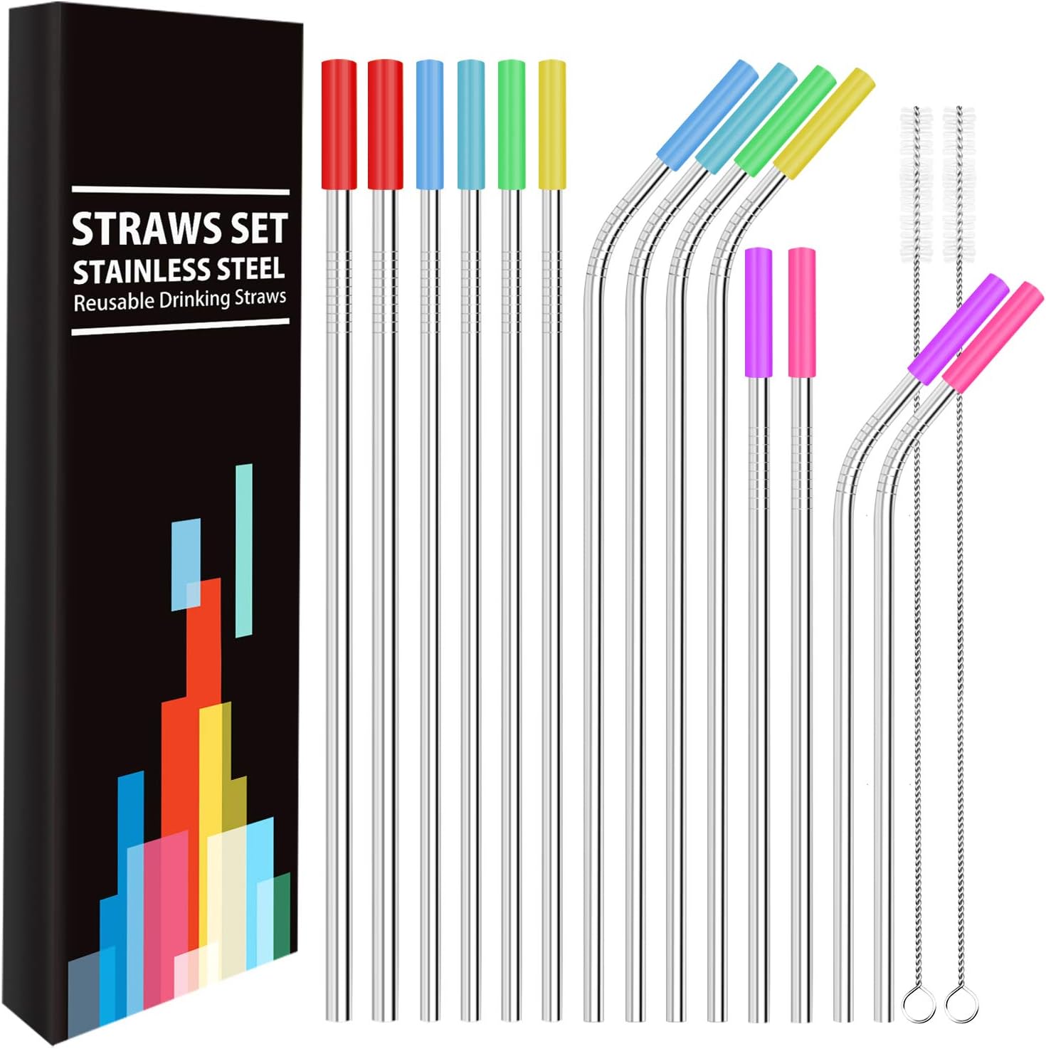 Stainless Steel Straws, GDREAMT Set of 14 Reusable Drinking Straws Ultra Long 10.5" 8.5" Diameter 0.24" 0.31" Metal Straws for 30oz 20oz Tumblers Yeti with 14 Silicone Tips 2 Cleaning Brush and Pouch