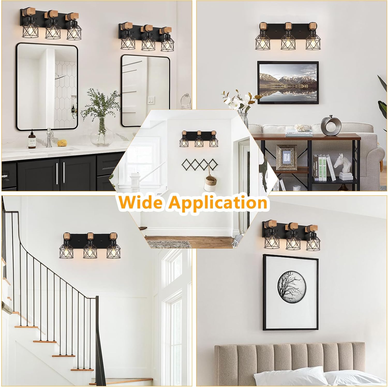 FadimiKoo 3-Light Farmhouse Vanity Light for Bathroom, Wood Bathroom Light Fixtures Over Mirror, Industrial Black Vanity Light with Metal Lampshade for Bedroom Hallway Living Room